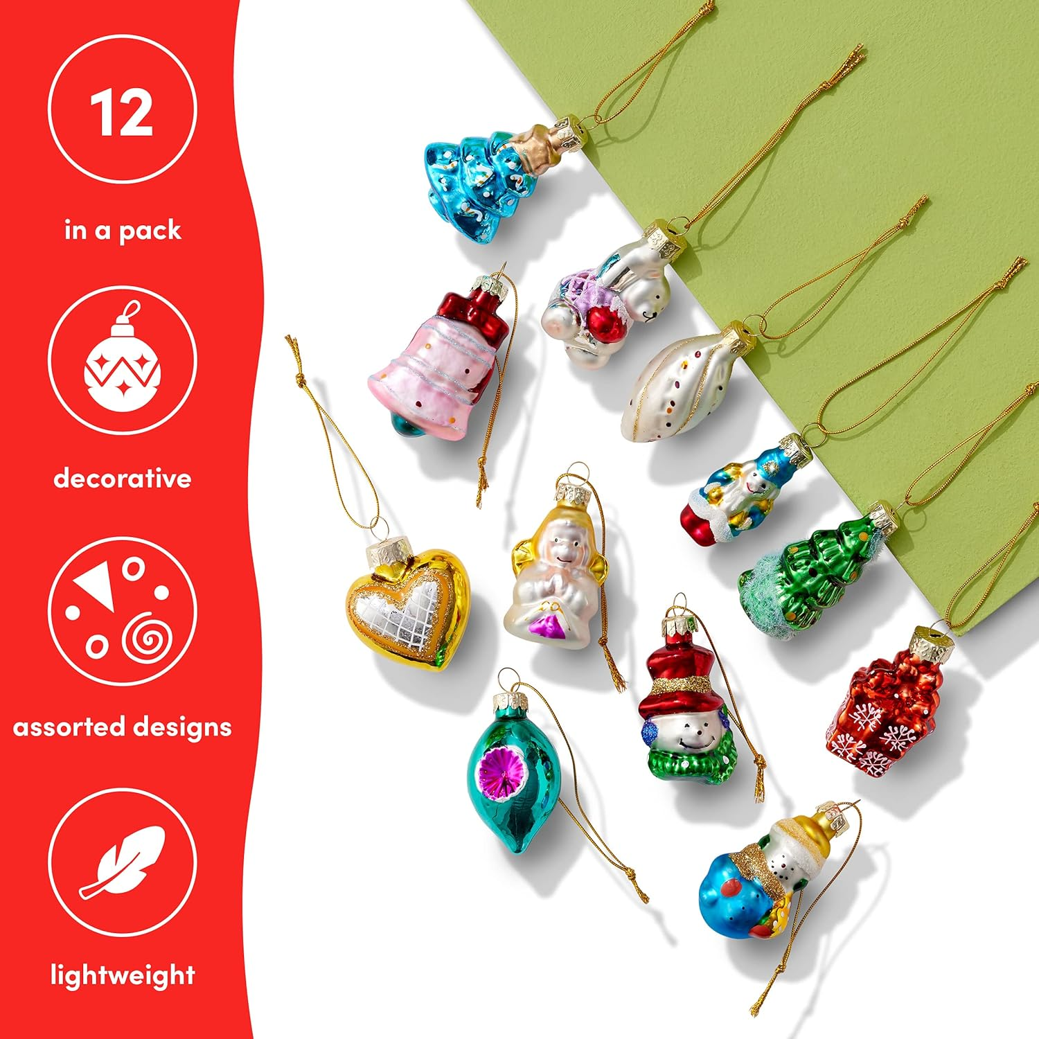 The TWIDDLERS - 12 Christmas Mini Glass Baubles, Xmas Tree Ornament Hanging Decorations image number 1