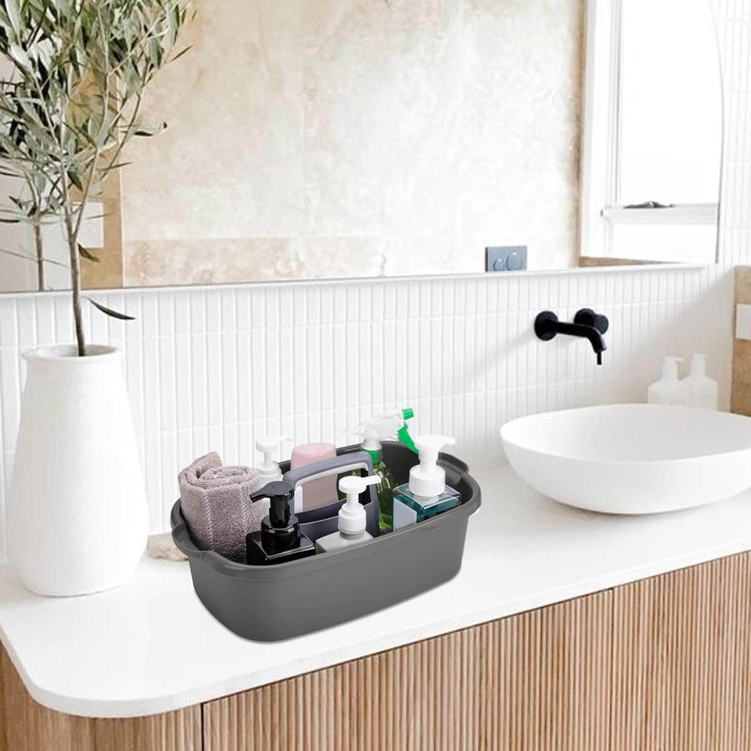 Plastic Cleaning Caddy with Handle, Cleaning Supplies Caddy, Cleaning Supply Organizer with Handle, Large Plastic Bucket, Portable Shower Basket Tote, Gray. image number 2