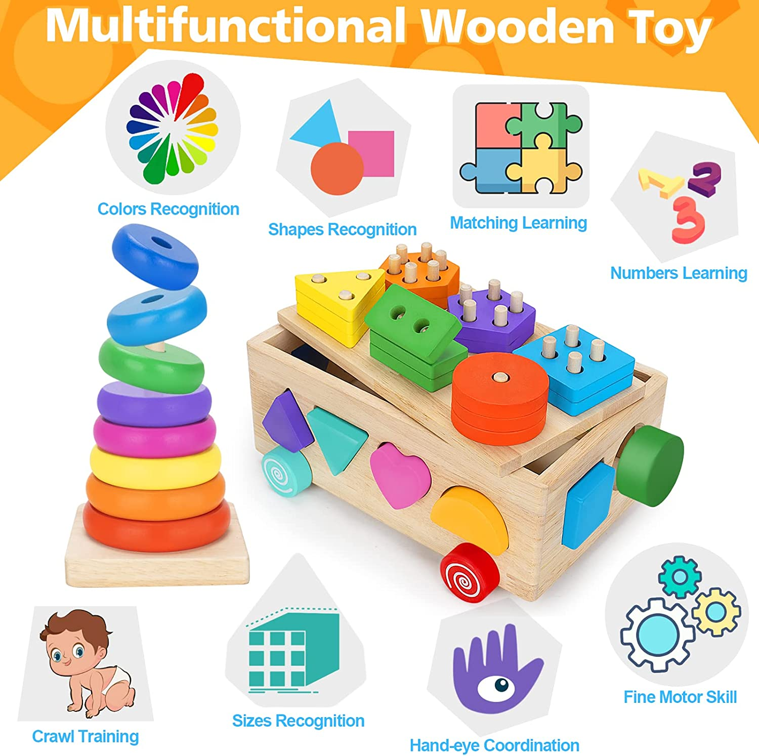 Aigybobo Montessori Toys for 1 Year Old, Baby Toy 12-18 Months, Wooden Shape Sorting & Ring Stacking Toys for Toddlers and Kids Preschool, Ideal for Boys Girls Age 1 2 3 Years Old image number 5