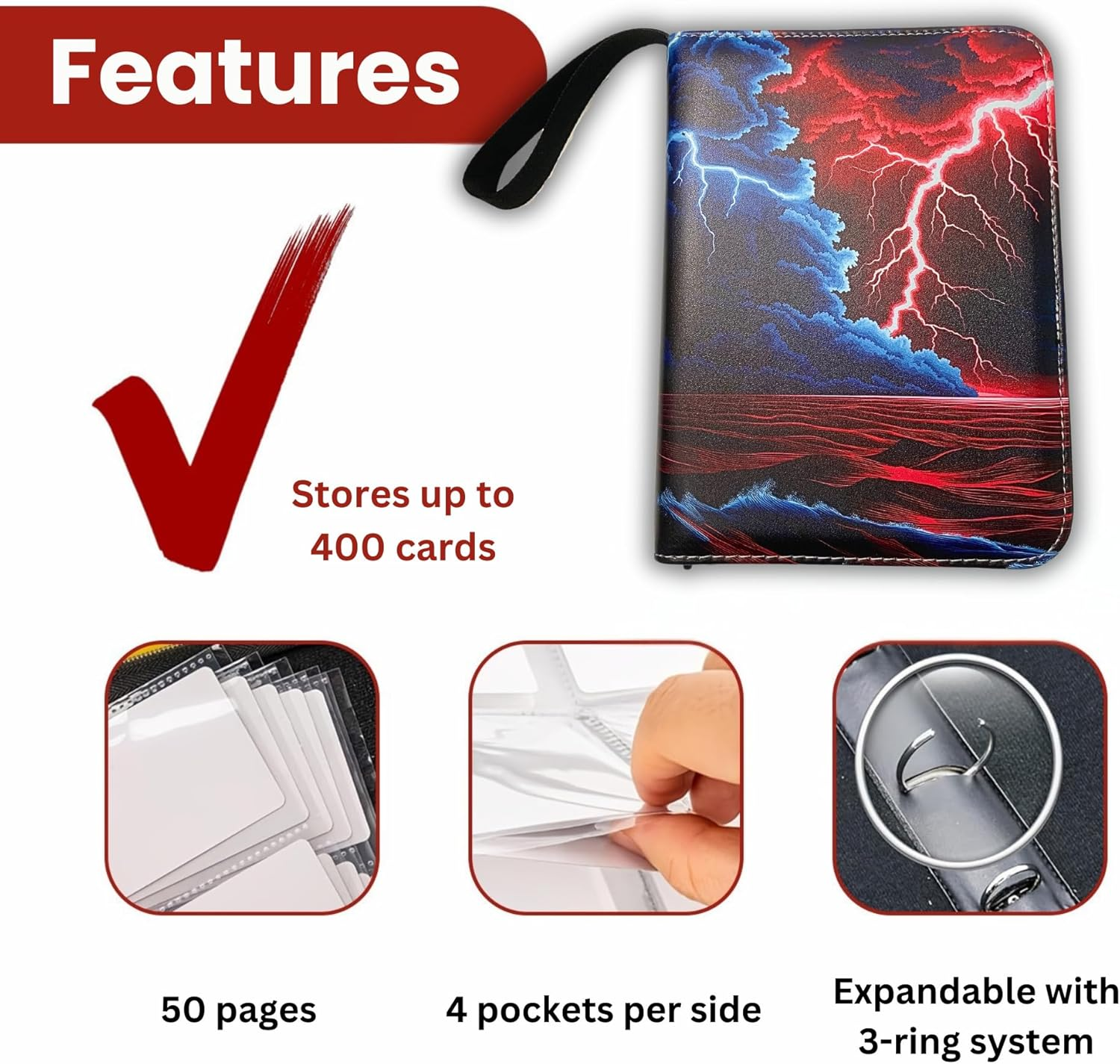 Trading Card Album, 400 Pockets Card Binder with 4-Pocket Sleeves for TCG, Yu-Gi-Oh, Magic the Gathering, and Sports Cards, Durable Card Holder for Collectors (Lighting, 4-Pocket) image number 1