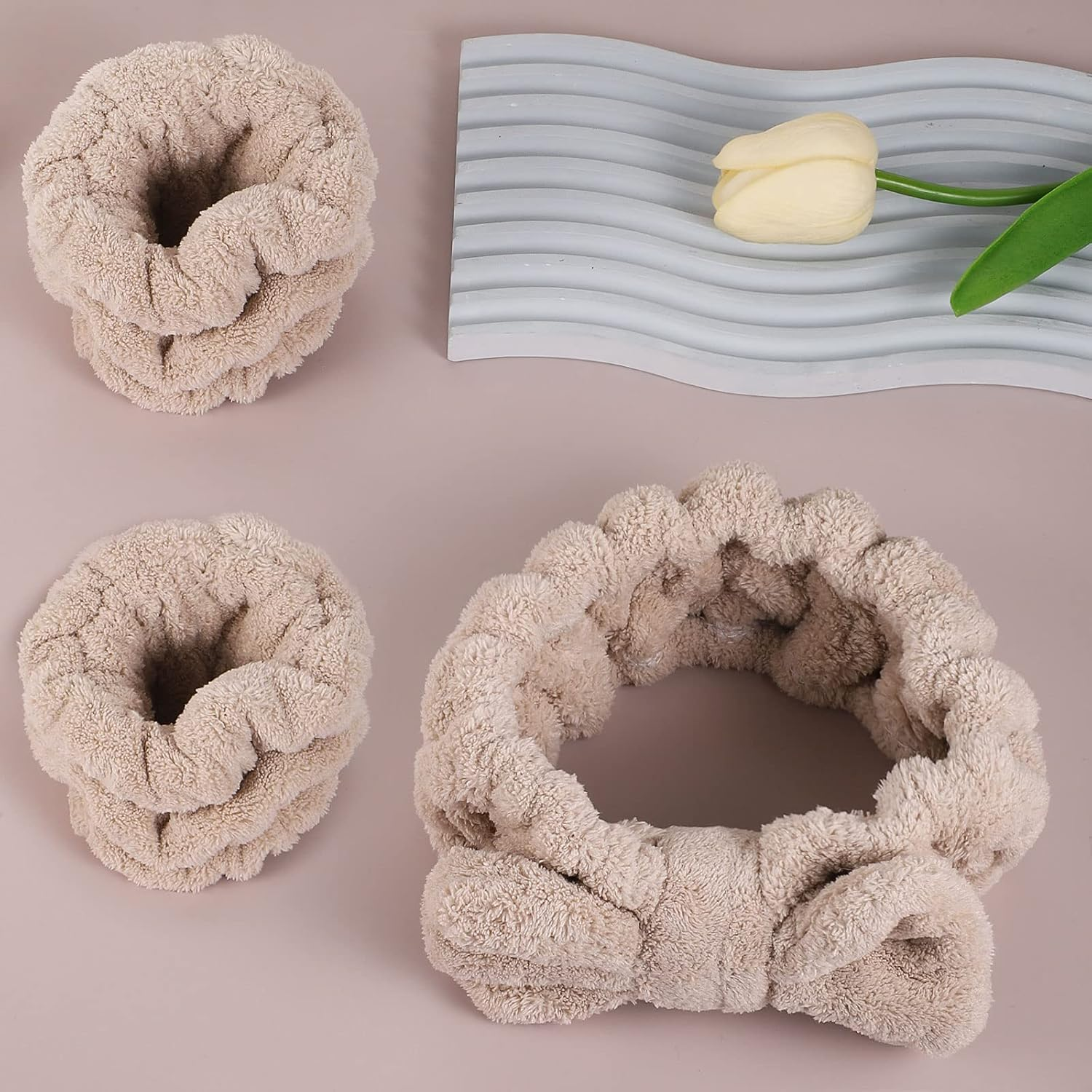 BESARME 3 Pieces Face Wash Headband and Wristband Set Soft Spa Headband and Wrist Towels for Women Makeup Skincare Headbands Wrist Bands for Washing Face(Light Coffee) - Light Coffee image number 3