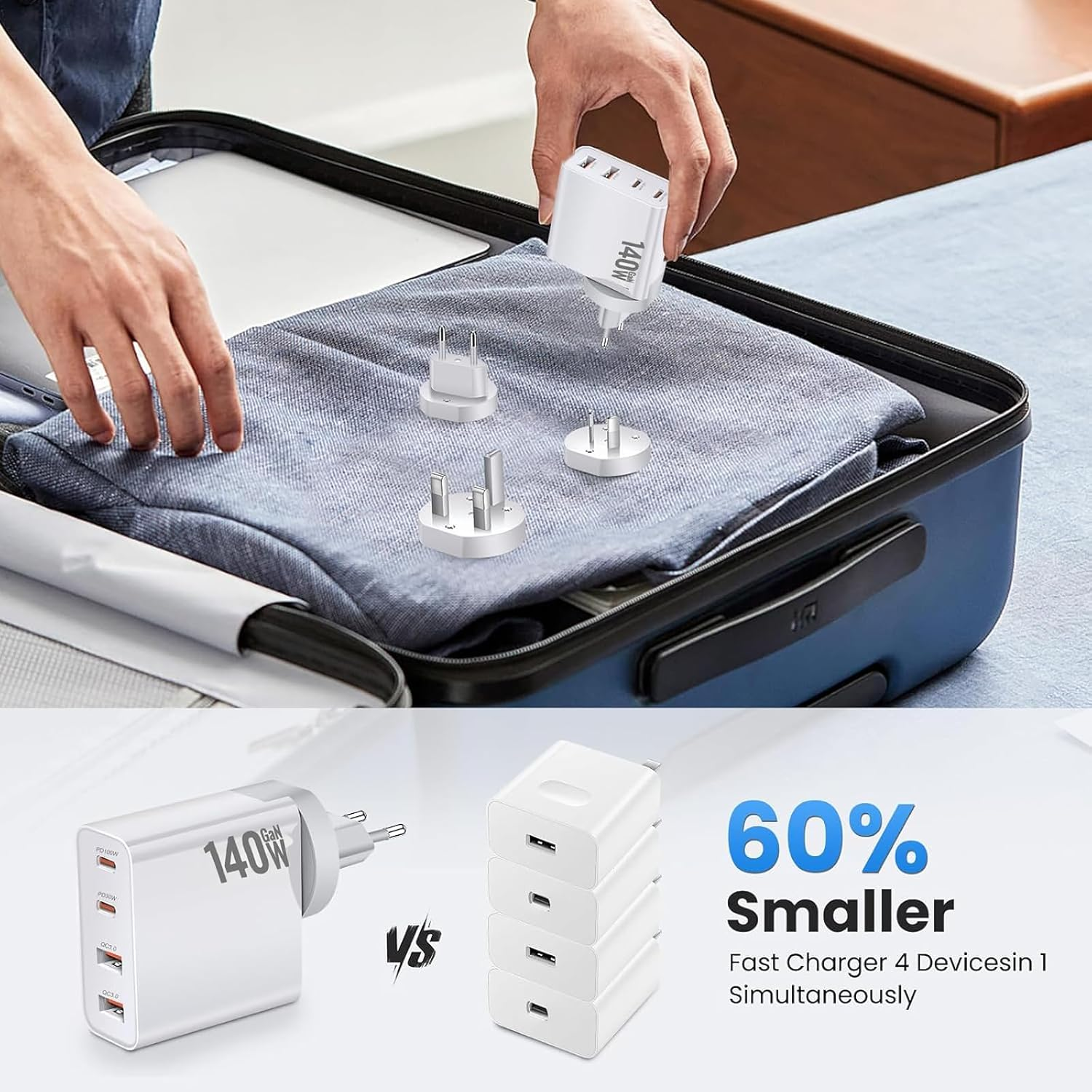 140W USB C Gan Charger - 140W USB-C PD Charger, Qc3.0Wall Charging Block, 2USB-C&2USB-A Laptop Charger Withus, UK, EU, AU Plug Heads&Travel Plugs Compatible with Macbook, HP, Dell, Iphone 16,Forgalaxy