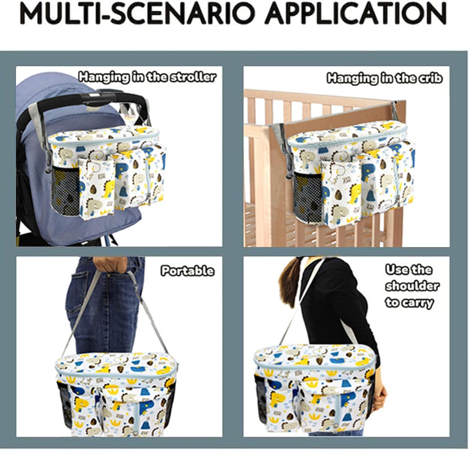 Baby Stroller Hanging Organiser Bag 12.2X7.8X5.9In Large Capacity Universal Waterproof Multi Pocket Diaper Storage with Tissue Dispenser Compact Design Universal Fit for Prams & Buggie(Dinosaur) image number 4