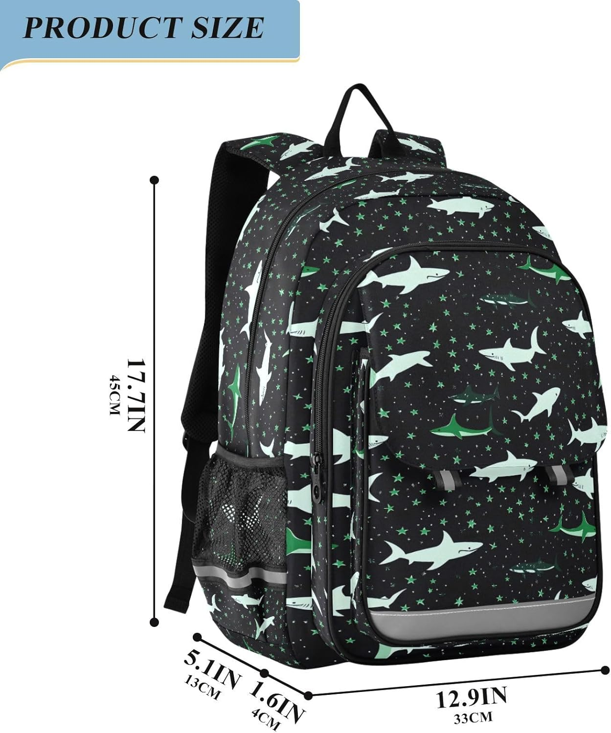 AIXIWAWA Green Sharks Kid'S Travel Backpacks for Boys Girls，Large Capacity Student School Bag with Breathable Mesh Reflective Strip for Age 6 Above, Multicolor image number 6