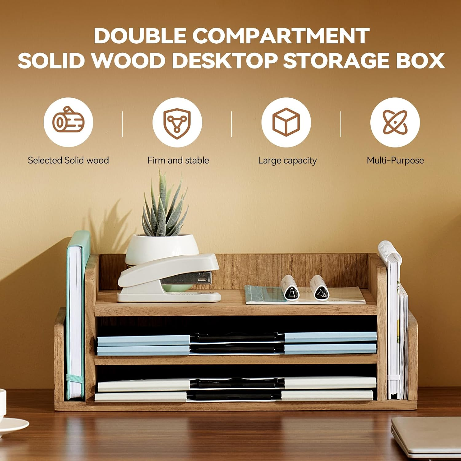 Kirigen Wood Desk Organizer 5 Trays - Desktop Document Letter Tray for Folders, Mail,File -Nature 3-Tier Office Mail Sorter Organizer Rack/Telephone Stand/Document Holder Dark Brown(2Tp-Dbr) image number 4