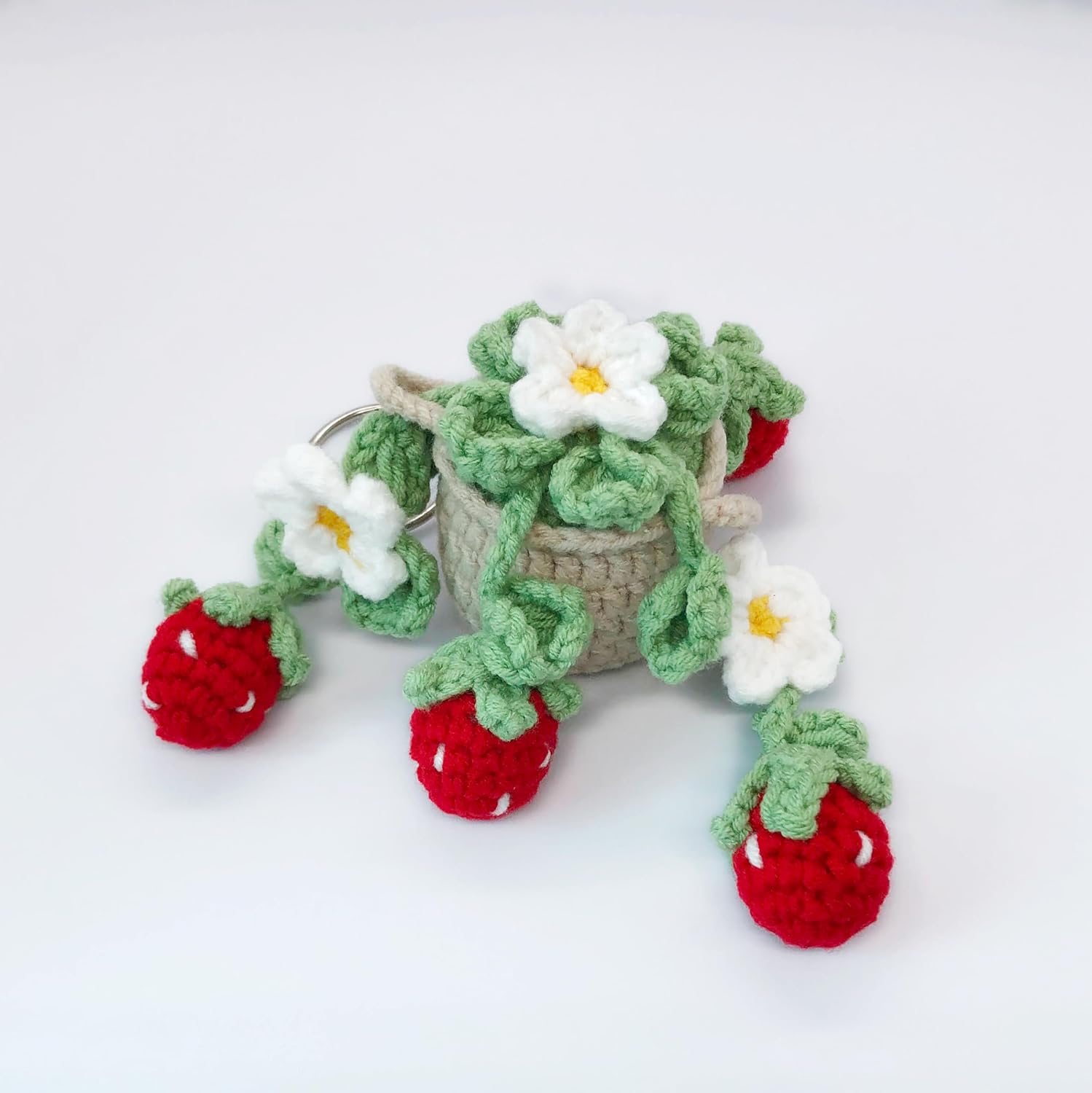Cute Crochet Daisy Strawberry Hanging Plant for Car Accessories, Aesthetic Decor Rear View Mirror Hanging Ornament for Women and Men, Handmade Cute Car Interior Decor Accessories Gift - Berry image number 4