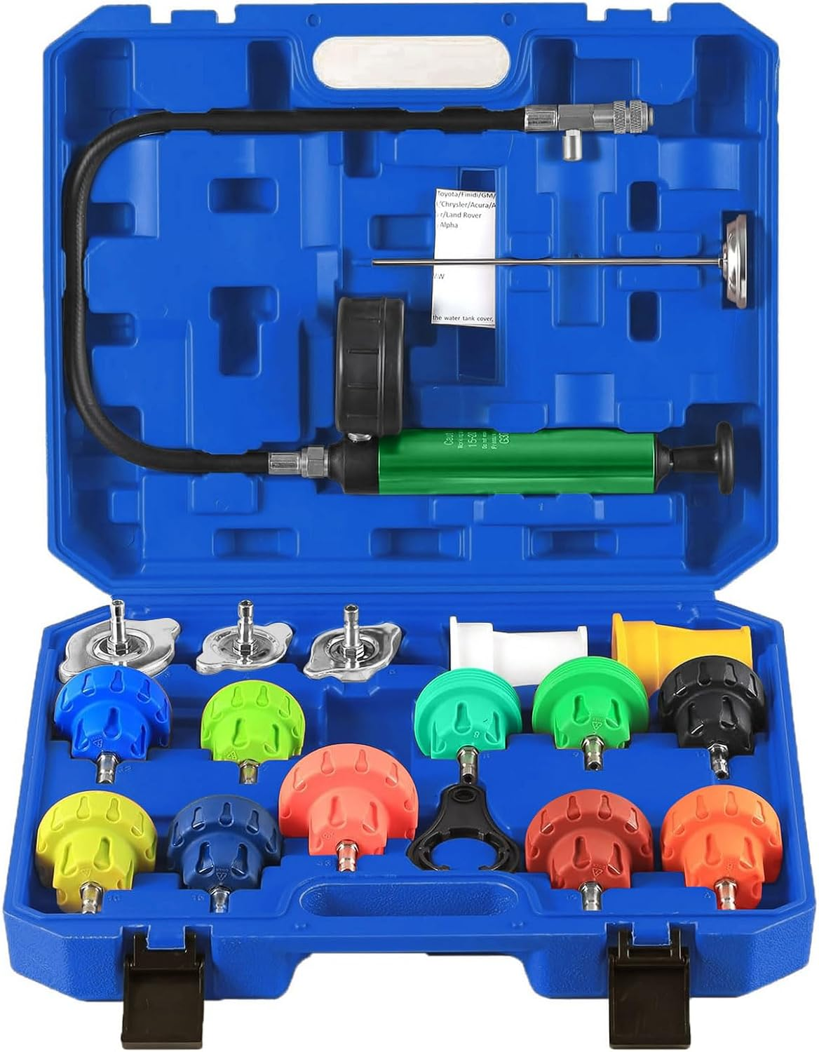 19PCS Radiator Pressure Tester Kit with 15 Adapters, Hand Pump, Probe Thermometer, Wrench & O-Rings &ndash; Cooling System Pressure Tester Kit Universal Coolant Pump Leak Detector for Cars, Suvs & Trucks image number 2