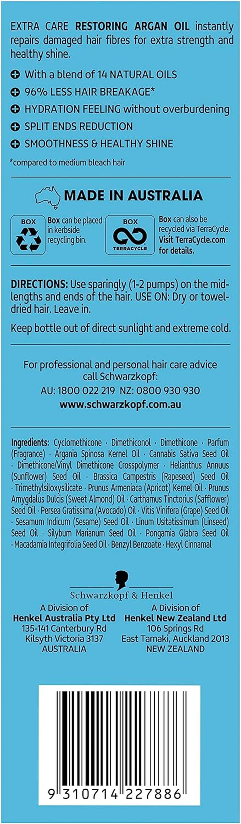 Schwarzkopf Extra Care Restoring Argan Oil,Strengthening Hair Oil Treatment, Contains Argan Oil, 100Ml image number 1