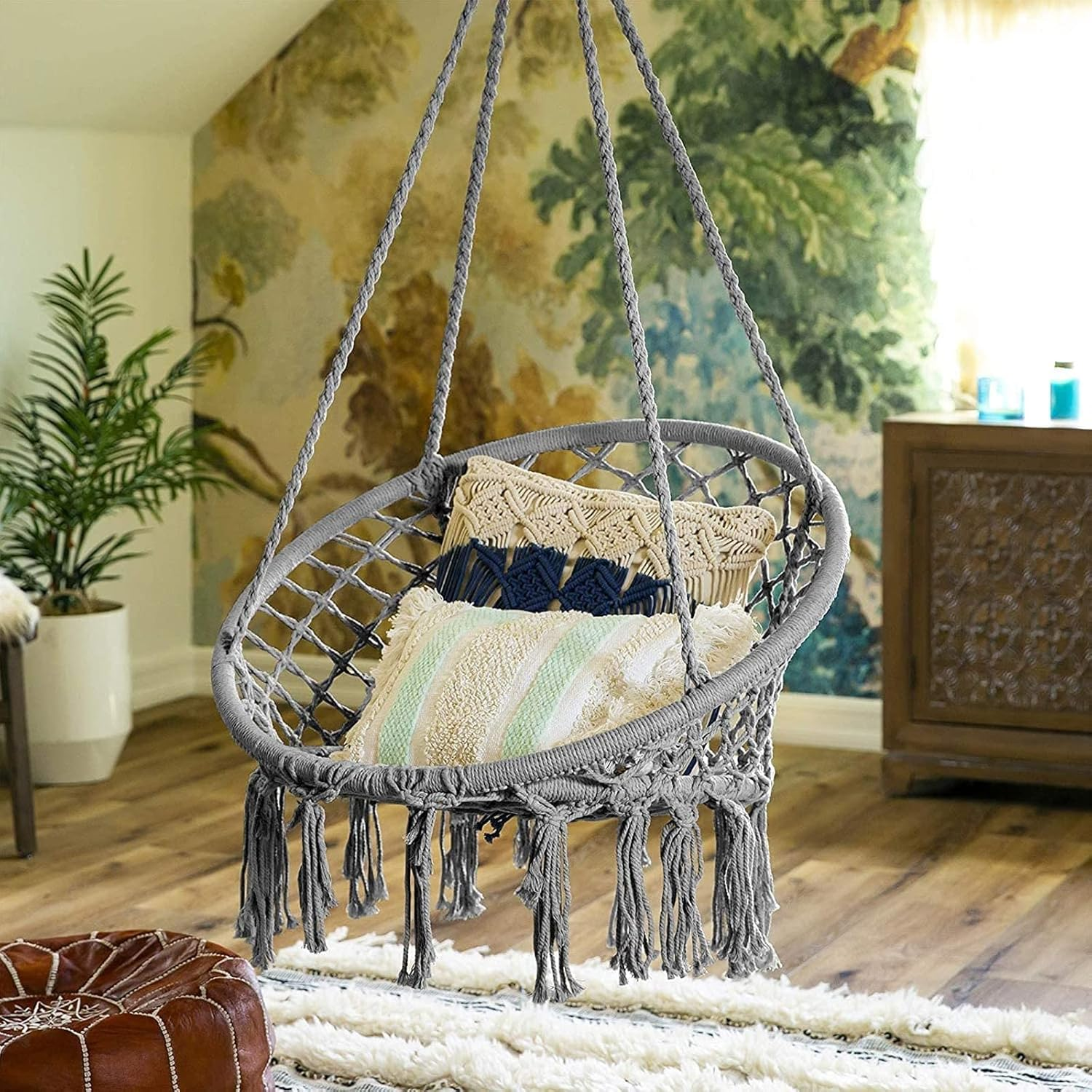 Hammock Chair, TOPIND round Hanging Macrame Swing, Handmade Knitted Cotton Rope Hammock Swing Chair with Hardware Kits, Capacity 330 Lbs, for Indoor, Outdoor, Bedroom, Patio, Yard, Deck, Garden (Grey) - Beige image number 4