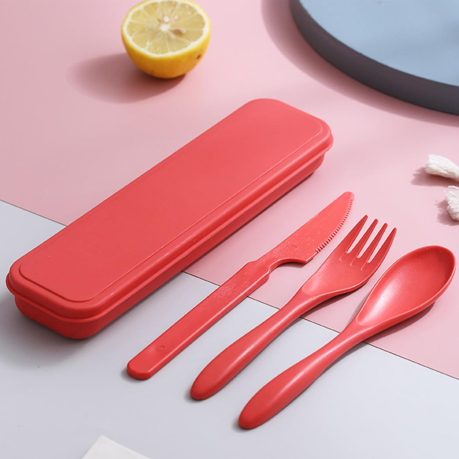 Travel Cutlery Set with Case, Reusable Portable Utensils Plastic Fork Knife Spoon for Camping Picnic Work School Daily Use (Red) image number 4