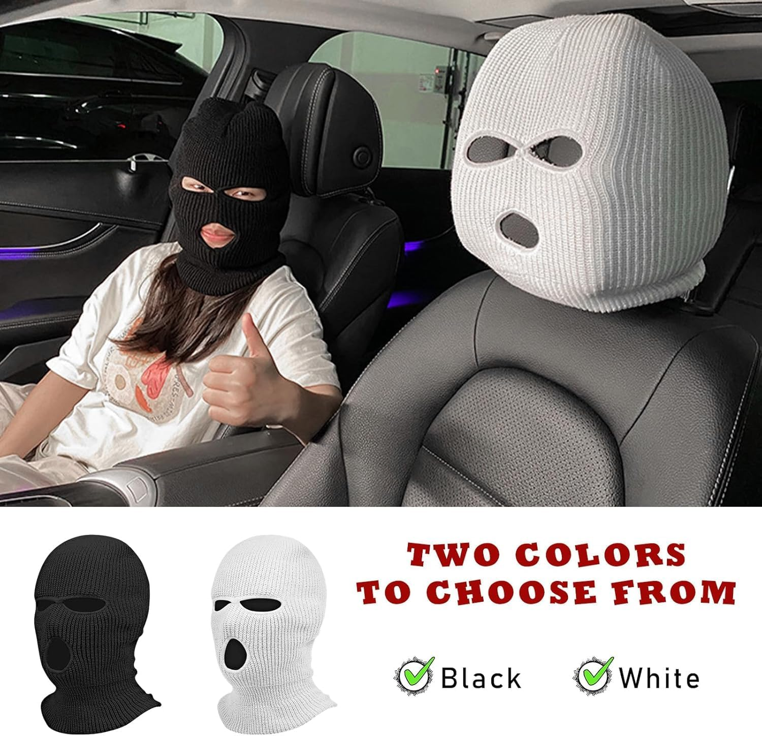 2 PCS Car Headrest Cover, Personalized Funny Car Seat Full Face Mask, Ski Mask Wrap Protection for Auto Front Seat Rest Decoration, Universal Interior Car Accessories (White)