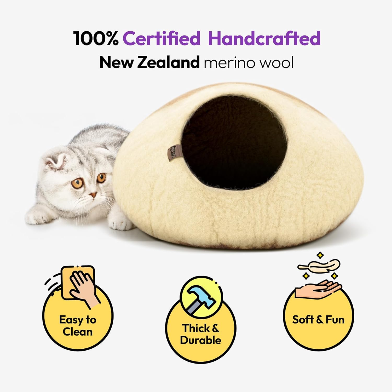 Luxury Cave Bed &ndash; Handmade Merino Wool Felt Hideaway, Vet-Designed Indoor Condo, Hypoallergenic Pet House, Cozy Igloo Bed, Eco-Friendly Modern Cat Furniture