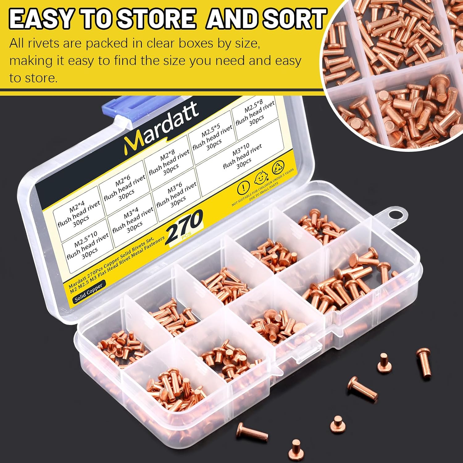 Mardatt 270Pcs Flat Head Copper Solid Rivets Kit, M2 M2.5 M3 Solid Copper Rivets Fasteners, Flat Head Rivets Solid Copper Rivets for Electrical Applications, Leather Working Supplies image number 2