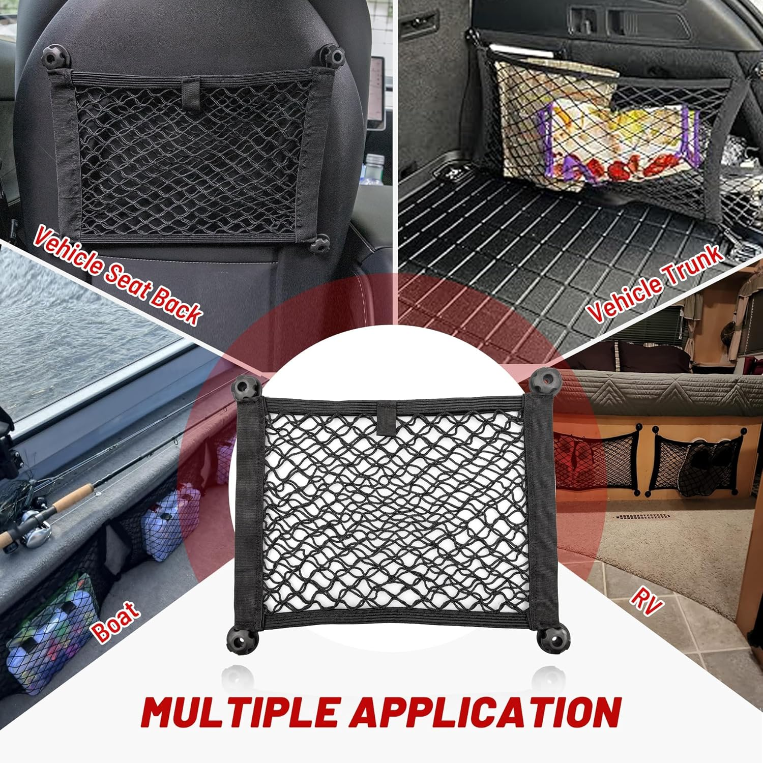 RED Wolf 2 Layer Small Mesh Cargo Net Elastic Storage Netting 2 Pcs Stretchable Car Organizer Net 14&times;10 Inch for Trunk RV Boats Home Auto Cargo Net Pocket with Screws and Hooks image number 6