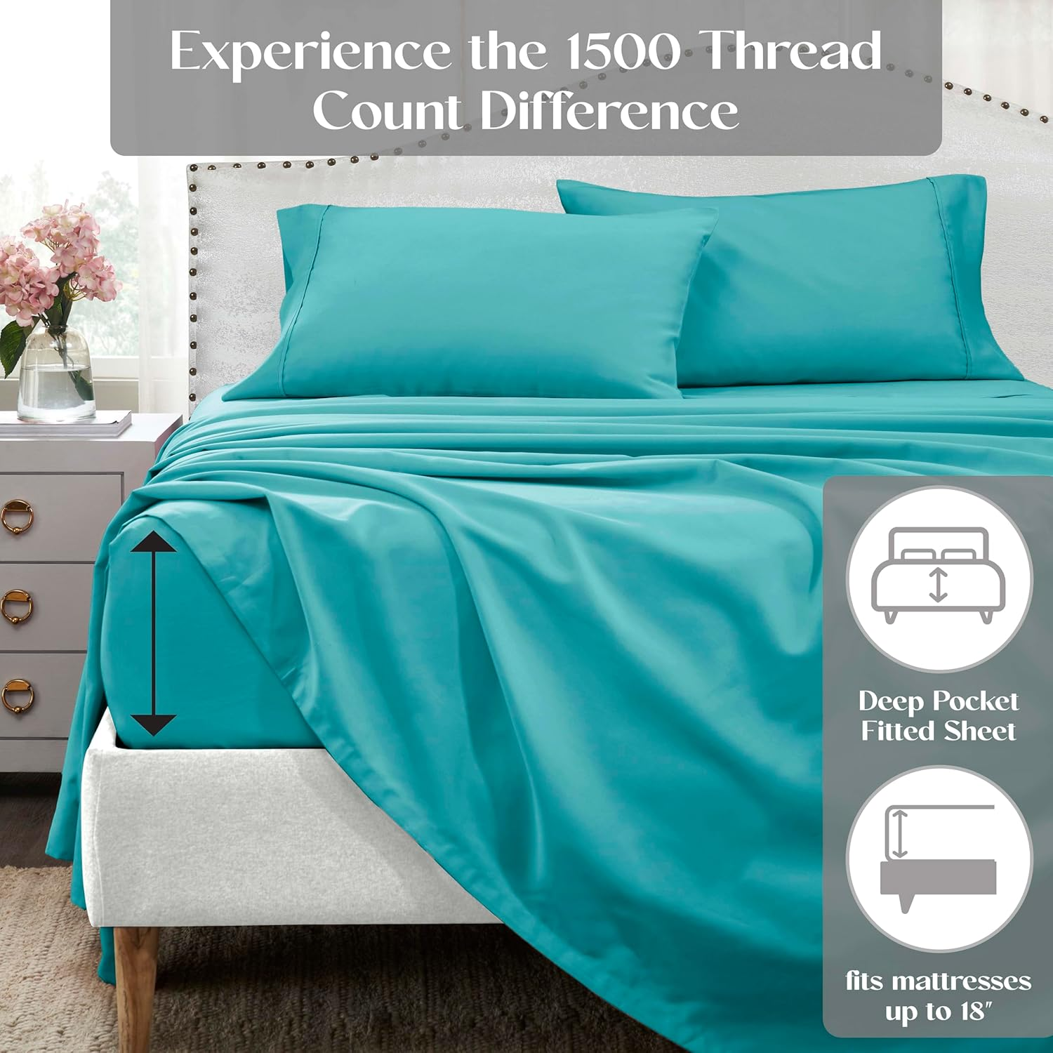 Superior 1500 Thread Count Cotton Rich Sheet Set, Heavyweight Daily Bedding, Modern Decor, Includes 1 Elastic Deep Pocket Fitted Bedsheet, 1 Flat Sheet, 2 Pillowcases, Queen, Teal - Light Blue image number 2