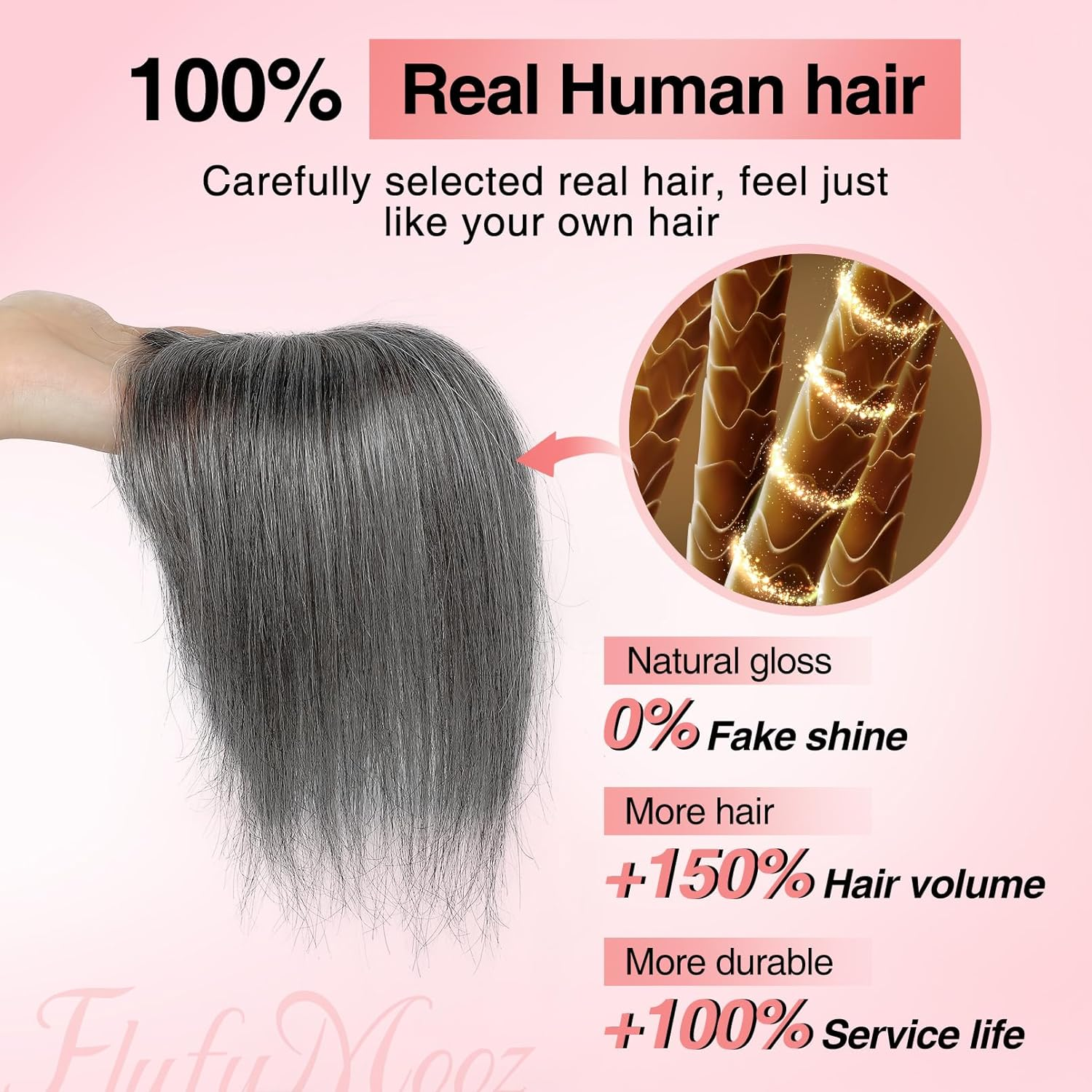 Flufymooz Real Human Hair Toppers for Women, 10 Inch Clip in Bangs 100％ Human Hair Toppers for Thinning Hair, Cover Hair Topper Hair Pieces with 150% Density Silk Base-Silver Gray with Brown Mixed image number 2
