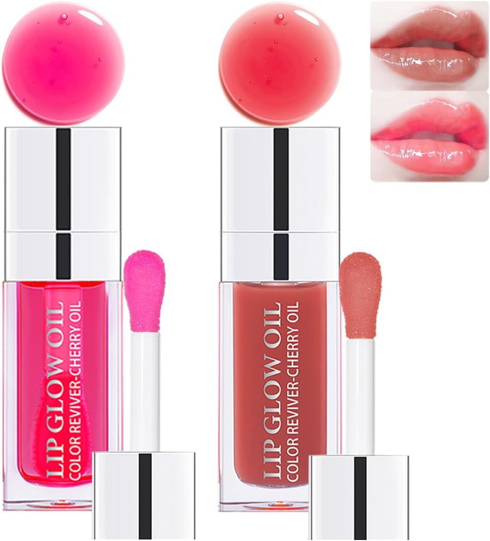2 Colors Hydrating Plumping Lip Glow Oil - Moisturizing Gloss, Transparent Glossy Primer, Tint for Care and Dry Lips (006#+020#)
