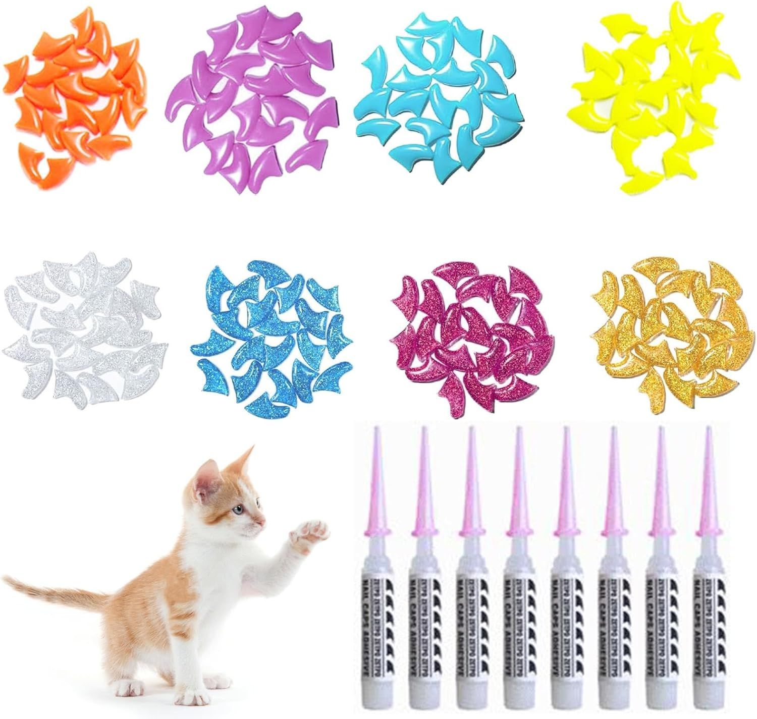 160 Cat Nail Covers Kit, Kitten Claw Protection, Pet Cat Paw Covers, Nail Covers for Small Cats, Cat Claw Covers with Adhesives, Colored Cat Nail Caps, Cat Paw Cover Set for Small Cats 6-9Lbs image number 1