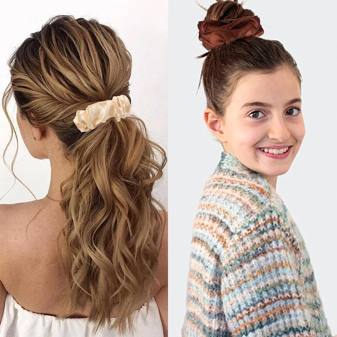 KIRZAX Pack of 6 Hair Bobbles Silk Scrunchies Satin for Women, Elastic Rubber Bands, Hair Band, Ponytail Holder, Silk Hair Band, for Women and Girls, 6 Colours image number 3