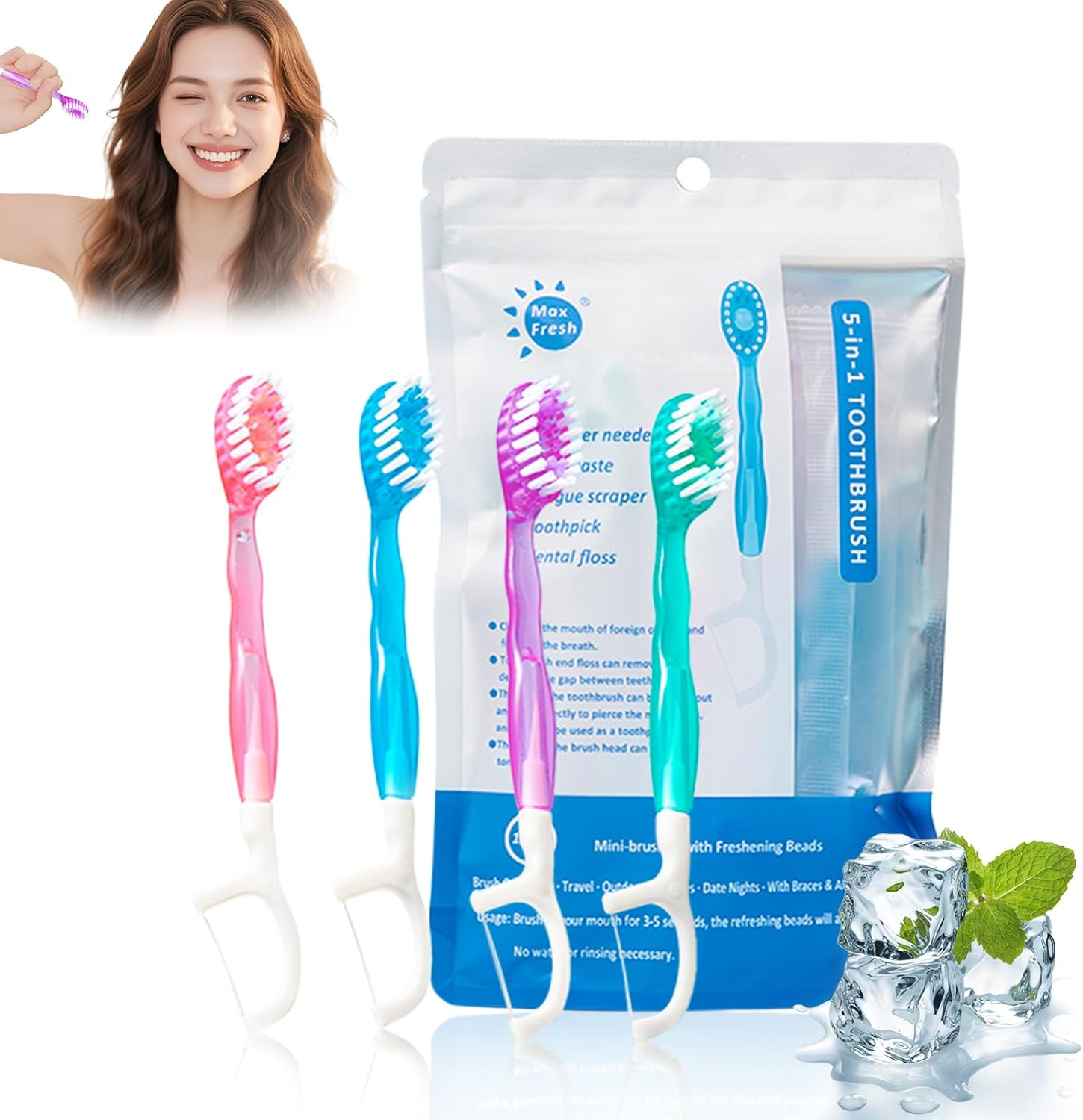 12PCS Prepasted Mini Disposable Toothbrush Set 5-In-1 Travel Toothbrush with Tongue Scraper Floss Pick Individually Wrapped, On-The-Go Toothbrush for Work Travel image number 2