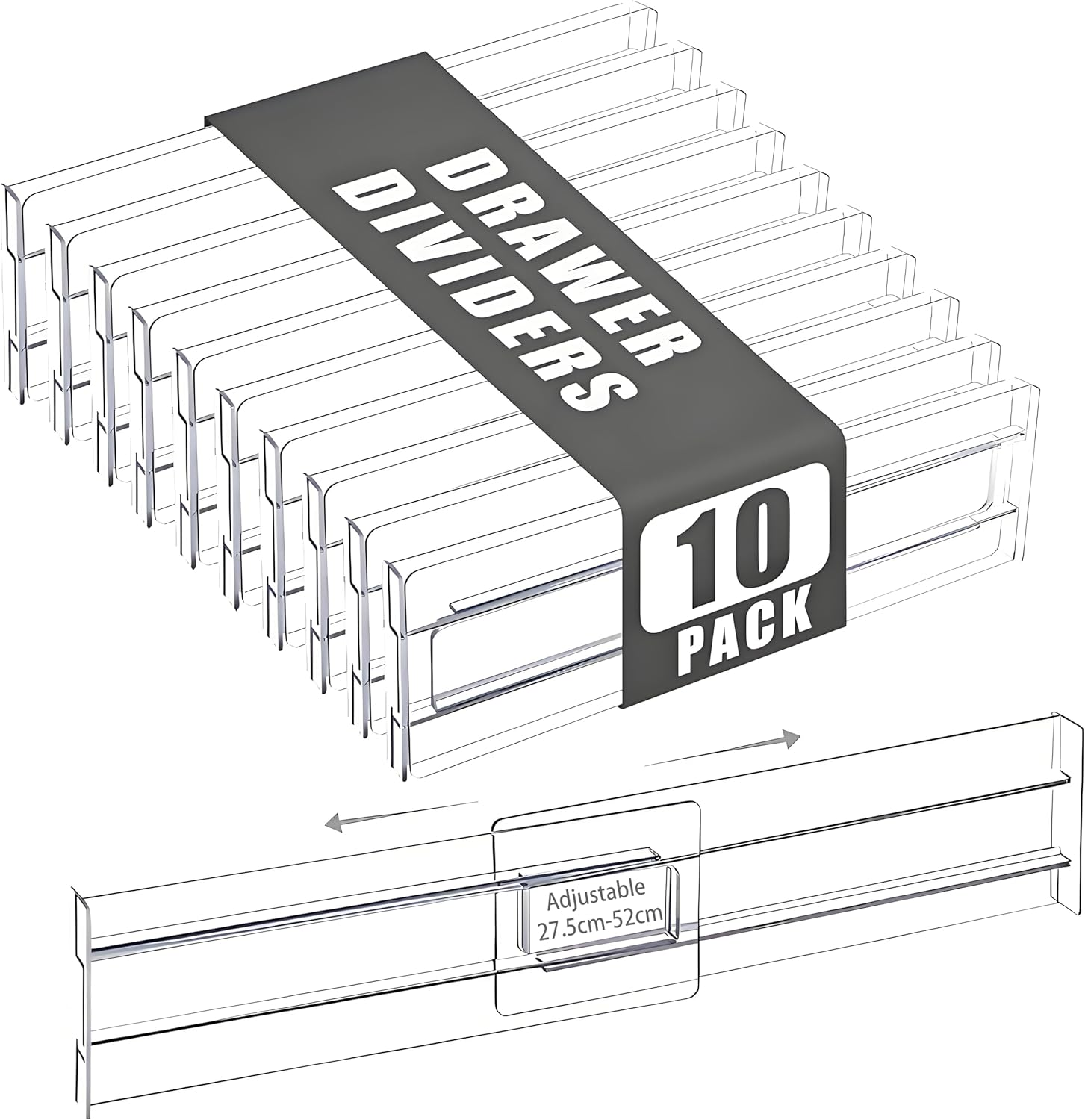 WYFVITDY 10 Pack Drawer Dividers Adjustable Clear Drawer Organisers Expandable 27.5-52Cm, 8Cm High Dividers Separators for Kitchen, Bedroom, Office, Bathroom No Tools Needed image number 4