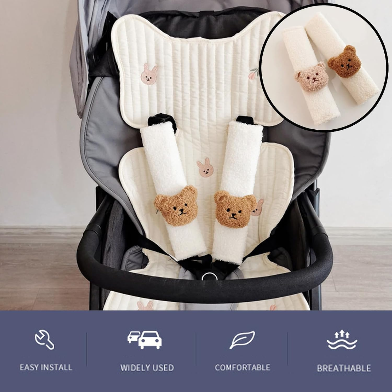 Bear Seat Belt Pads, 2Pack Car Seat Belt Covers, Seat Belt Pads White Plush, Soft Car Seat Belt Pad Cover, Seat Belt Covers Seatbelt Strap Cover, Universal (White Plush) image number 1