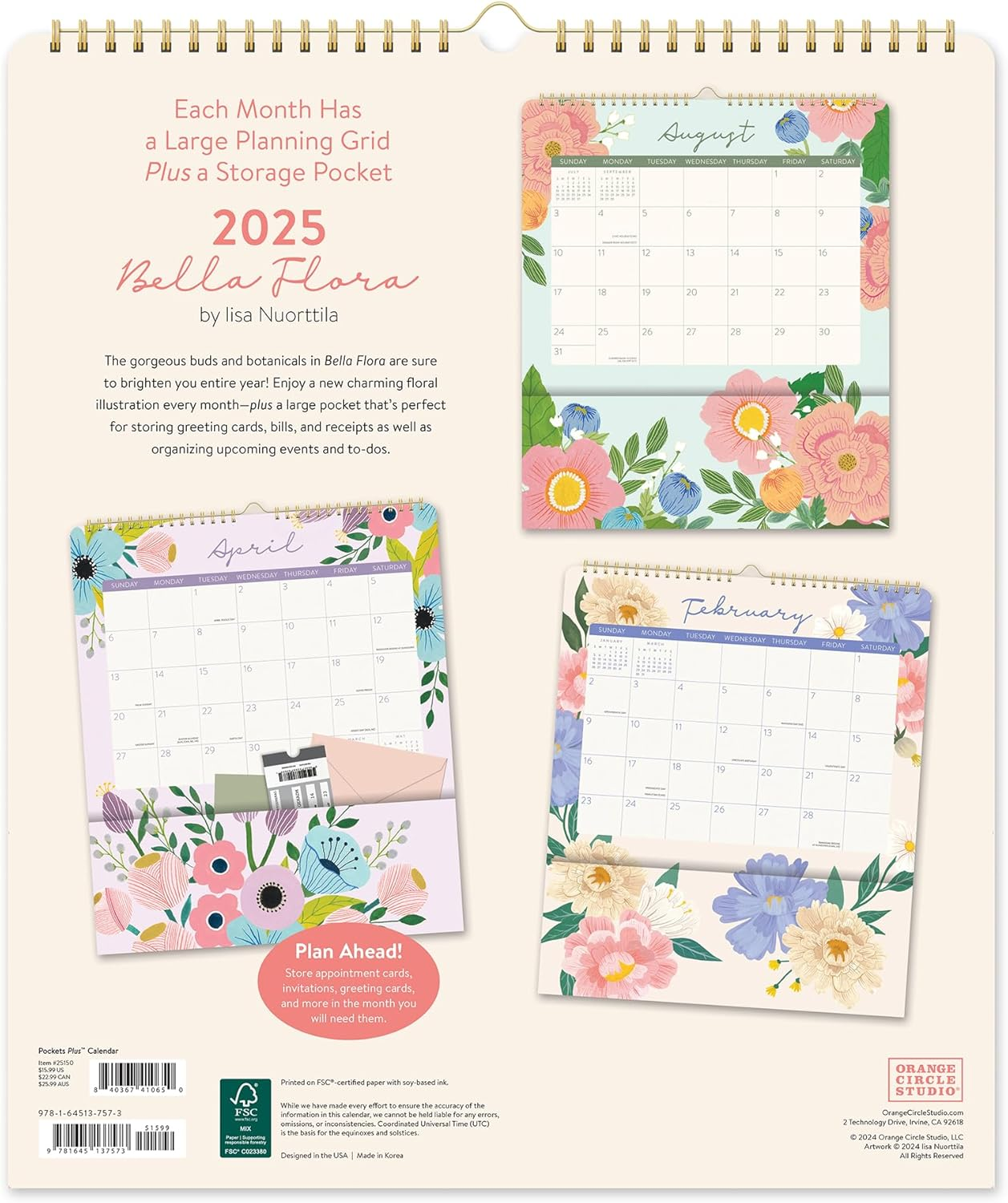 2025 Calendar Bella Flora Pockets plus Wall Orange Circle Studio 25150 image number 3