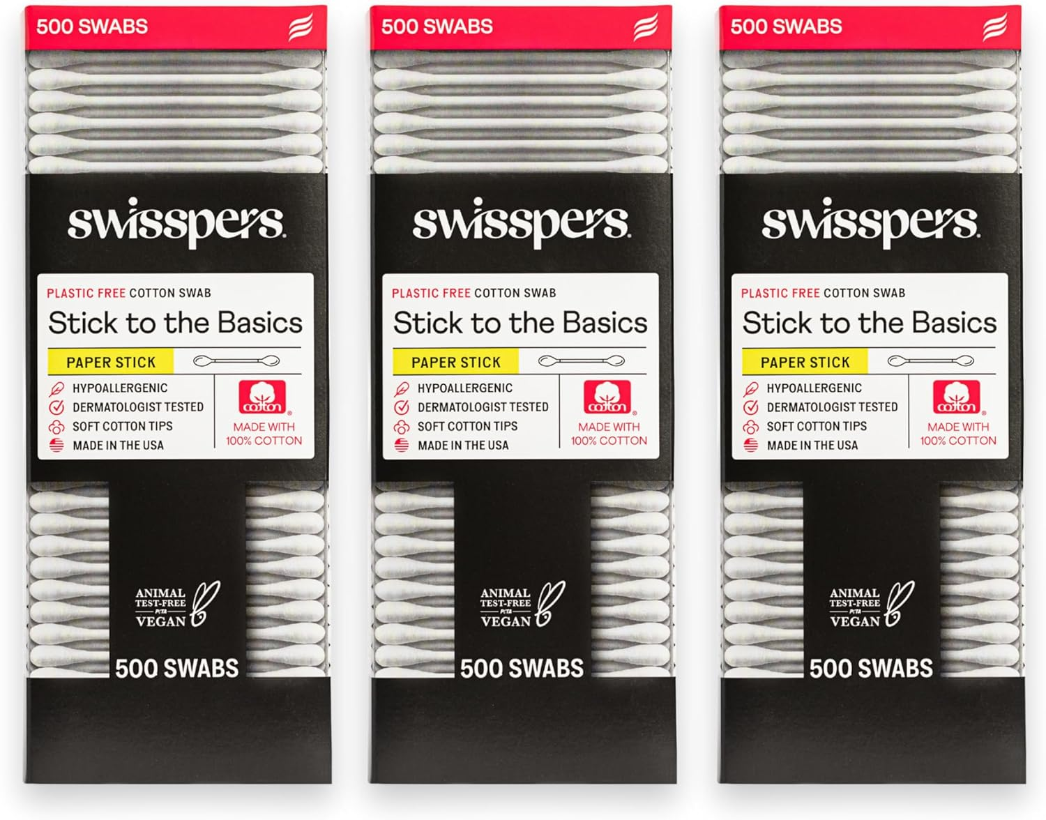 Swisspers Premium Cotton Swabs - Soft 100% Cotton Swabs with Paper Sticks for Beauty and Personal Care - Gentle Hygiene - 500 Count (Pack of 3) image number 3