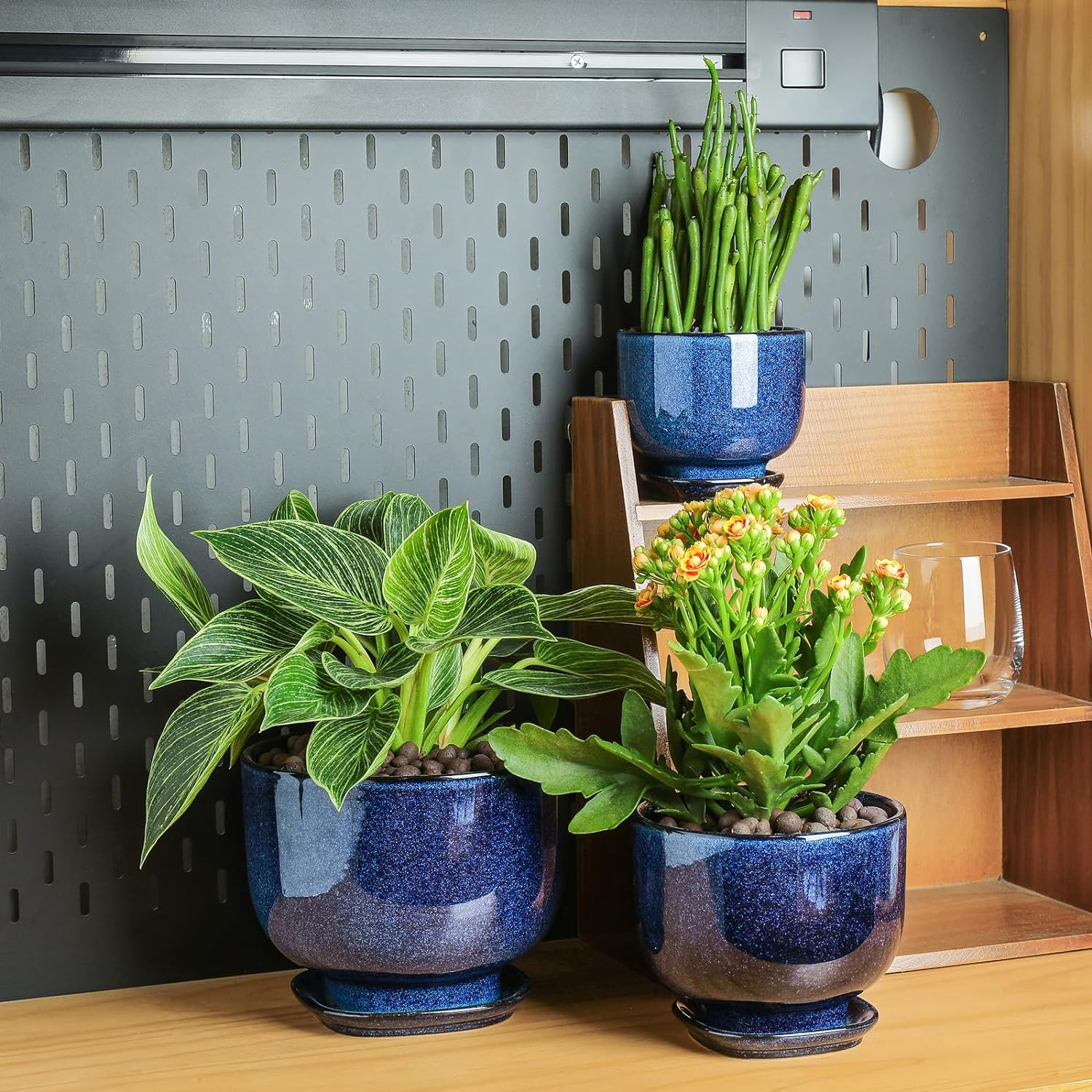 Vicrays Ceramic Plant Pots Indoor - 6.8/5.5/4.3 Inch Planter Pot with Drainage Hole and Saucer for Succulent Orchid Flower Herbs Cactus - Gardening Home Desktop Office Decor &ndash; Set of 3 Blue image number 3