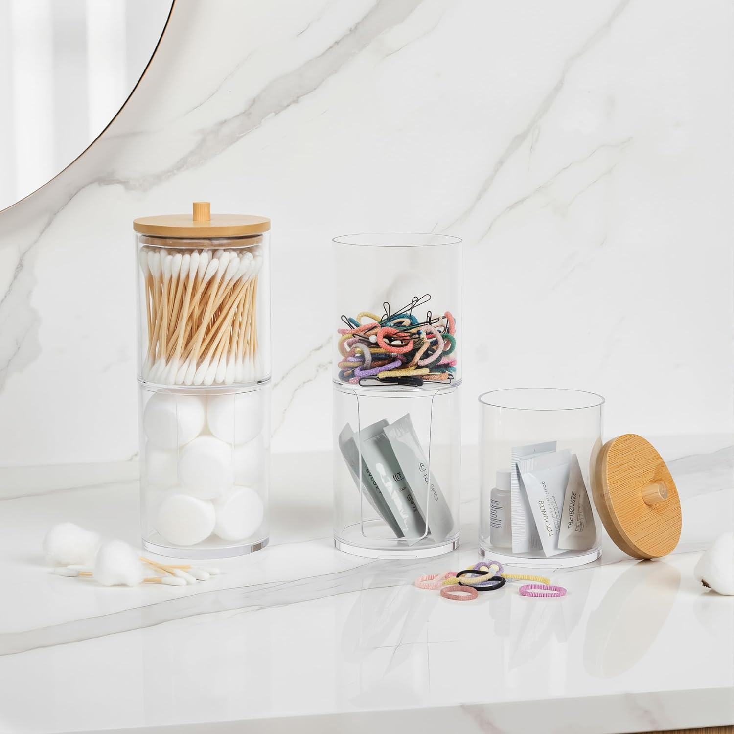 2-Pack Acrylic Organizer with Bamboo Lids - Stackable Bathroom Counter Holder & Dispenser for Cotton Balls, Swabs, Pads, Floss, Bath Salts image number 4