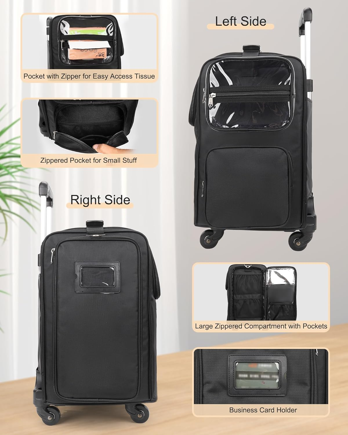 Relavel Rolling Makeup Train Case, Hairstylist Traveling Bag with 4 Wheels, Heat Insulation Full Layer, Adjustable Dividers, Hair Tools and Cosmetics Storage Organizer, Black, Extra Large, Hairstylist - Black-6 Pcs Clear Bags image number 5