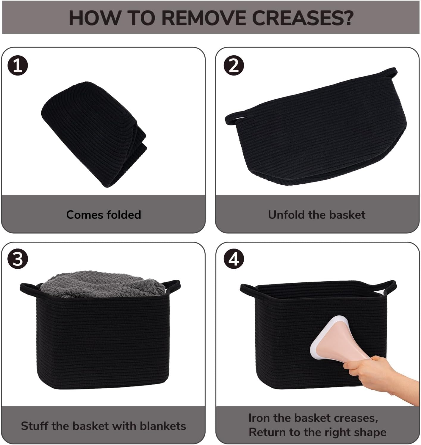 INDRESSME Woven Storage Basket, Black Baskets for Gifts, Nursery Toy Basket, Rope Baskets for Organizing, Shelf Storage, Multi-Purpose Organizer for Shoes, Clothes, Towels, Laundry 13 X 10 X 9 Inches - Grey image number 5