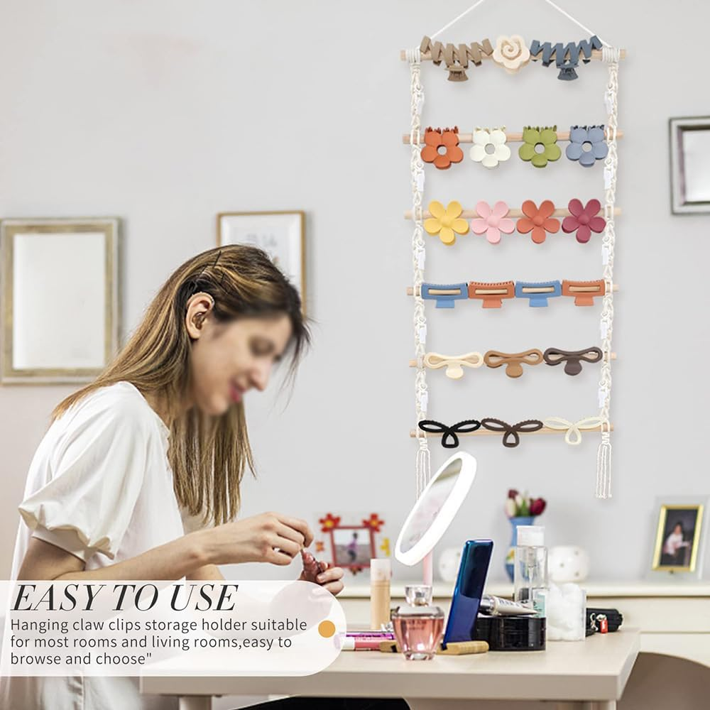 Wall-Mounted Hair Claw Clip Organizer with 10 Clips, Macrame Design, Cotton &, Ample Storage for Hair Accessories, Stylish Decorative Organizer, Ready to Use, Ideal Women And image number 3