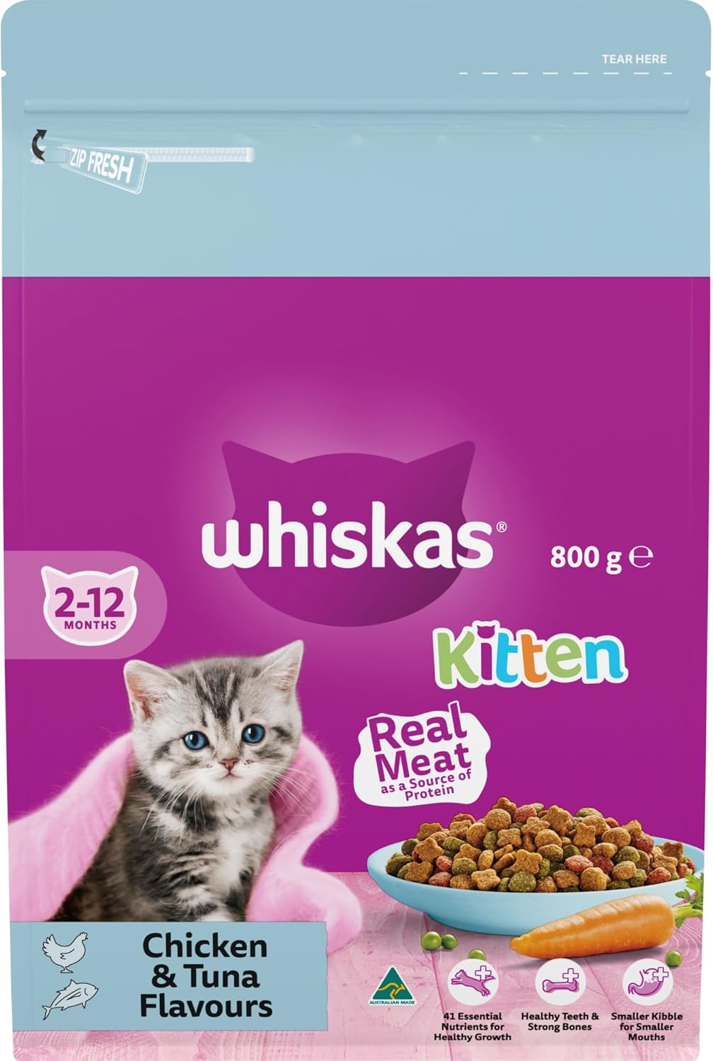 Whiskas Kitten Dry Cat Food Chicken & Tuna 800G Bag, 6 Pack image number 2