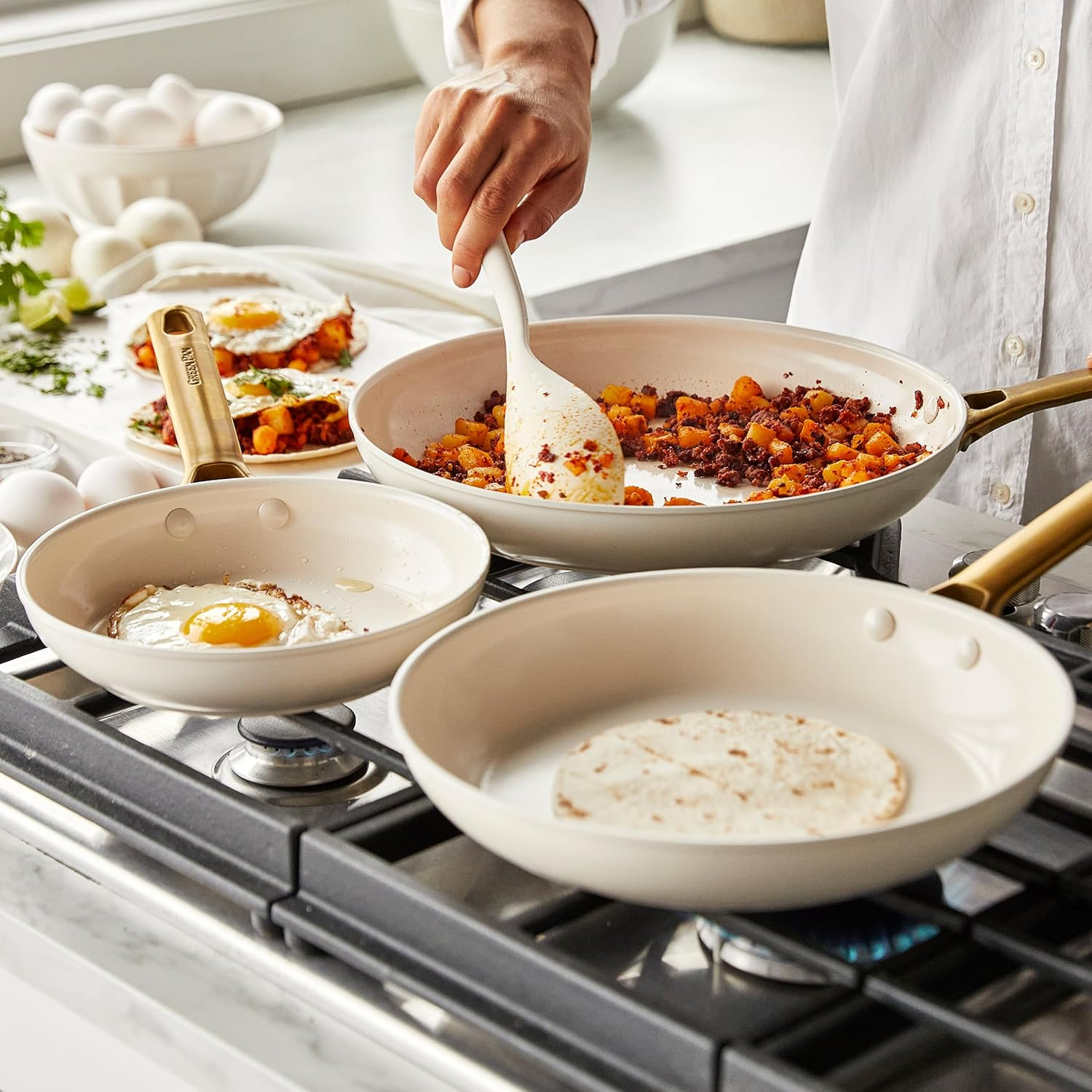 Greenpan Padova Healthy Ceramic Nonstick 10Pc Cookware Pots and Pans Set, Induction Safe, Cream White image number 4