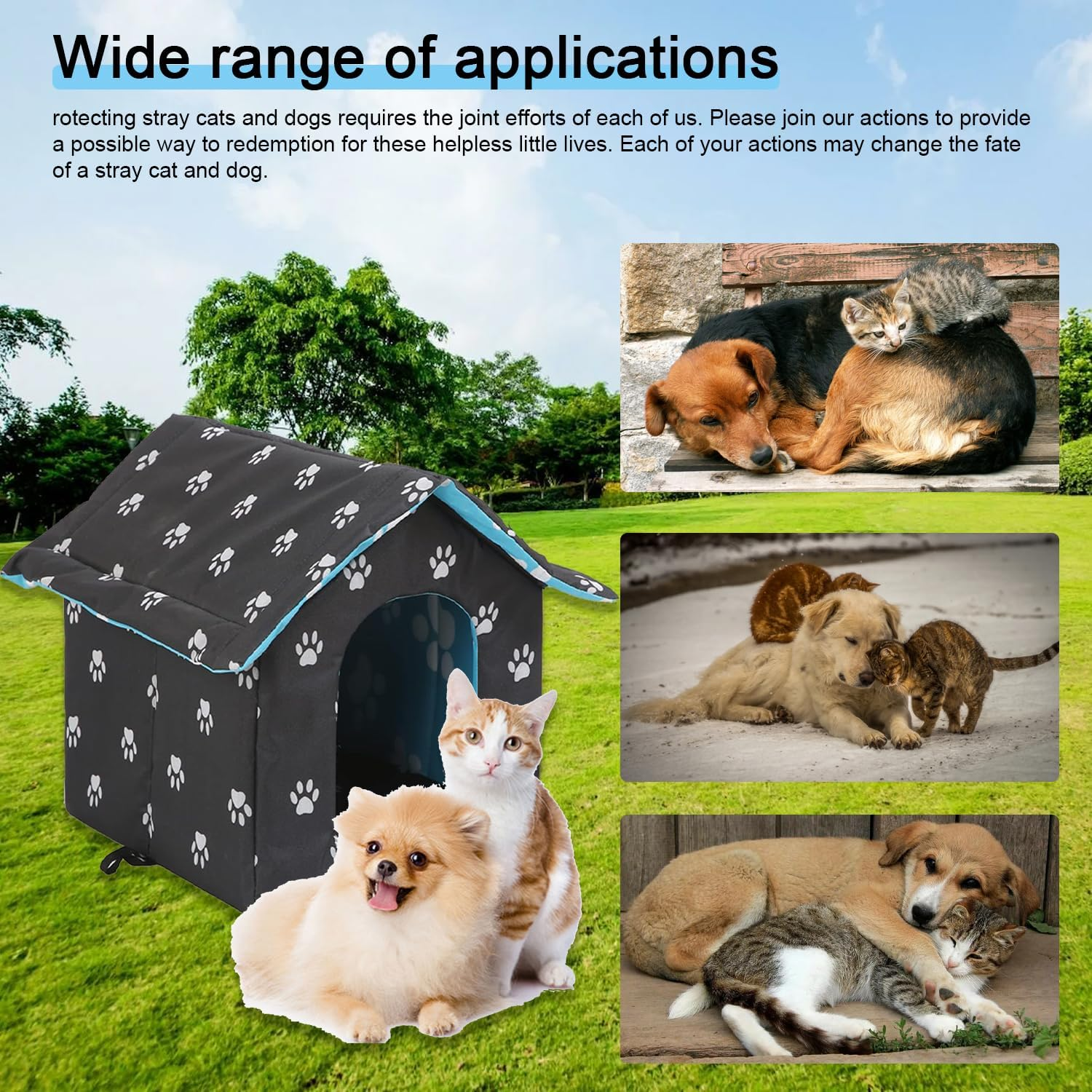 Outdoor Cat House, Waterproof Cave for Feral Cats and Dogs, Indoor/Outdoor Weatherproof Shelter (Black, Large)