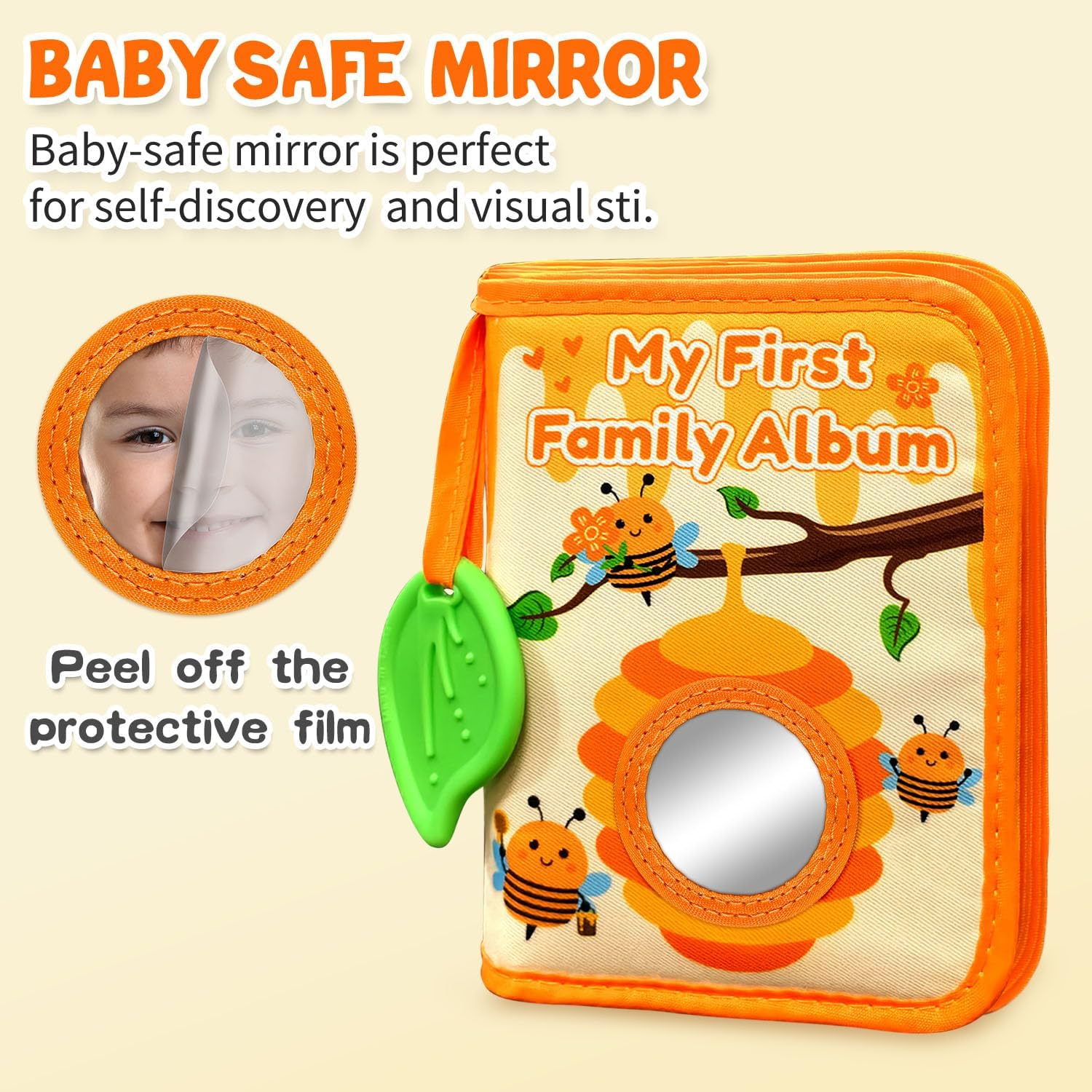 My First Photo Album for Baby, 18|4X6" Baby Photo Book with Soft Cloth Cover & Safety Mirror, Toddler Baby Family Photo Book for Newborns Baptism Birthday Gifts, Yellow Bee