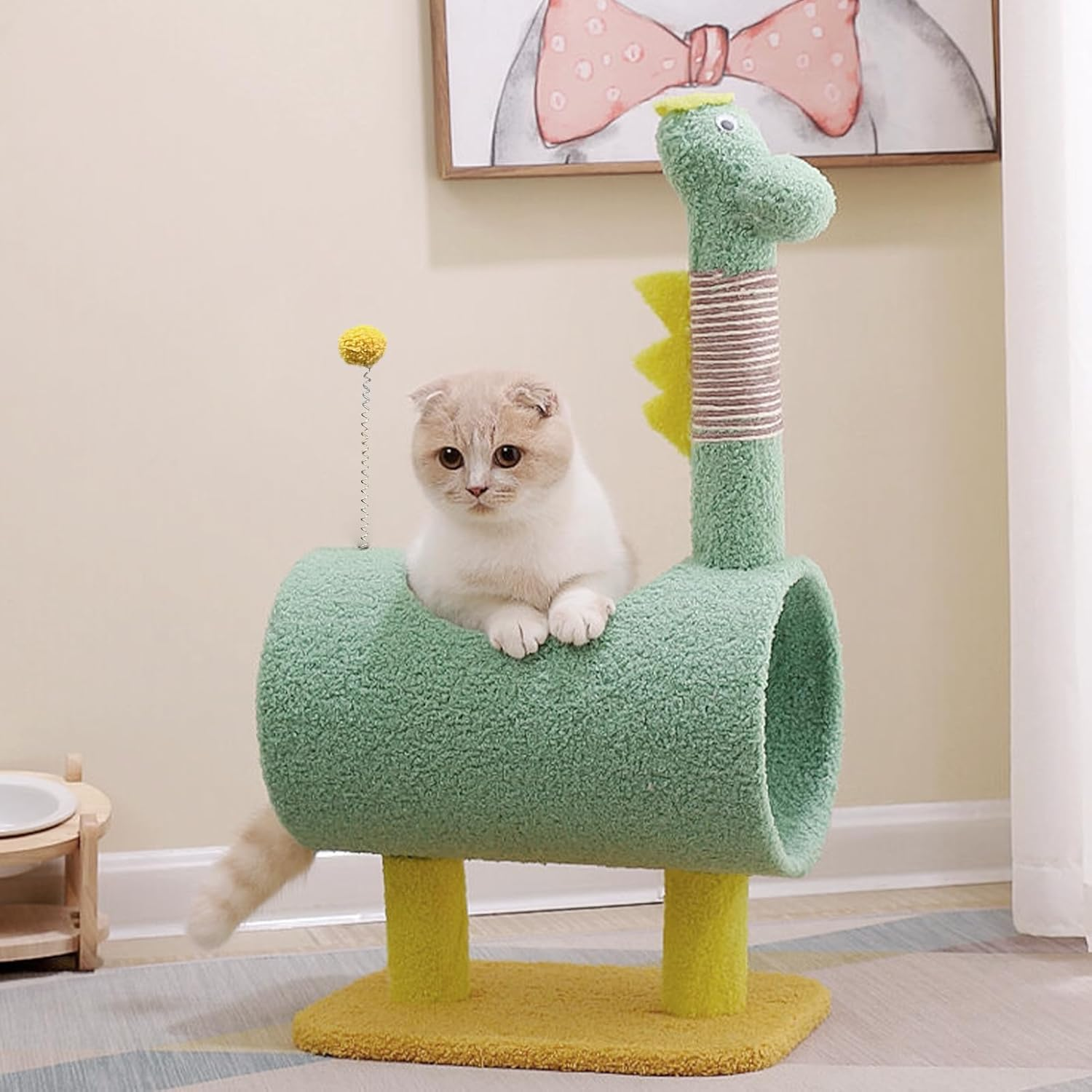 Cute Cat Tree, Cat Scratching Post with Tunnel, 28In Cat Climbing Tower, Handcrafted Sisal Cat Tree for Indoor Cats Kittens Green image number 6