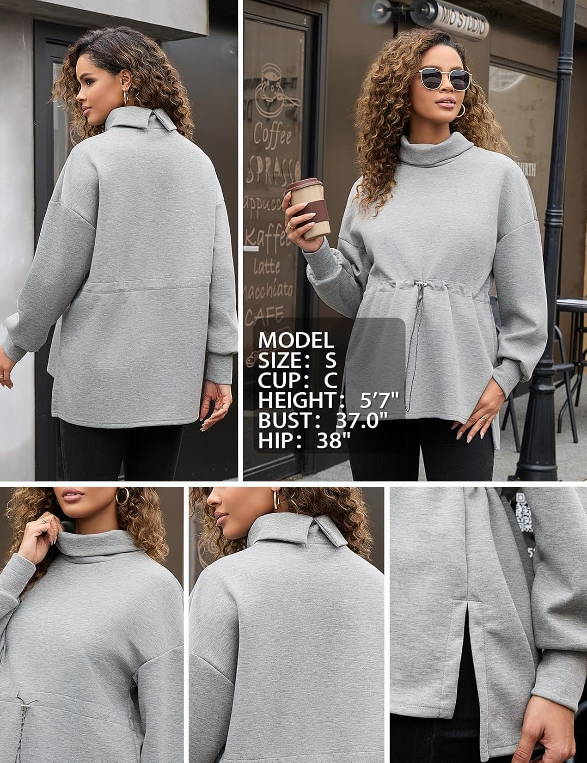Bhome Maternity Turtleneck Sweatshirt Long Sleeve Oversized Pullover Tops Side Slit Tunic Shirts with Drawstring Waist image number 2