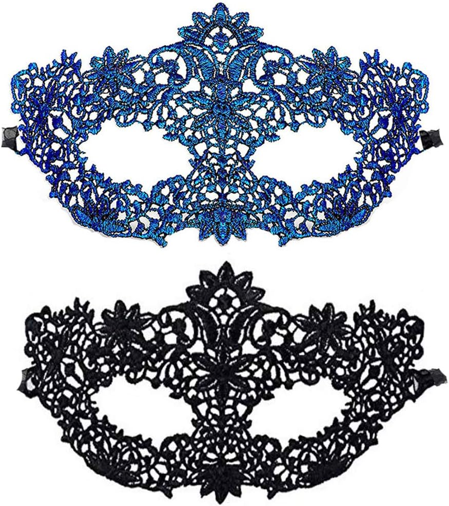 2 Pcs Masquerade Lace Mask for Women, for Cosplay Venetian Mardi Gras Halloween Party - Blue, Black
