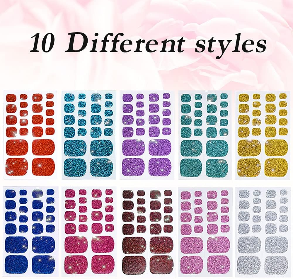 10 Sheets Toe Nail Polish Stickers Glitter Toenail Nail Polish Strips Decals Full Wraps Self Adhesive Toe Nail Tip Full Toe Nail Wraps for Women Girls DIY Nail Decor Art