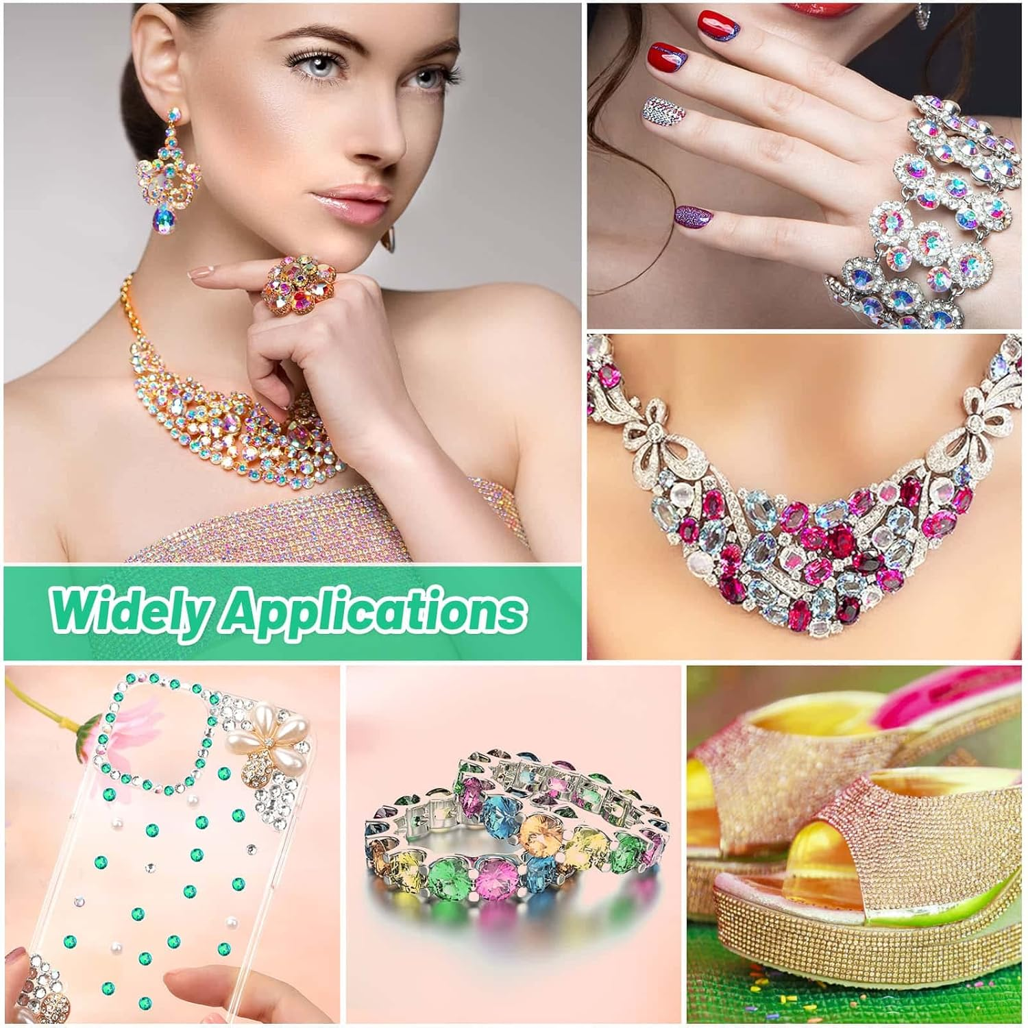 Audab B7000 Jewelry Adhesive with Rhinestones for Crafts, 2100Pcs Flat Back Gems Green Crystal Rhinestones with Tweezer Dotting Tools Gems Glue for DIY Clothes Fabric Shoes Make up Nail Art DAMN-0128 image number 3