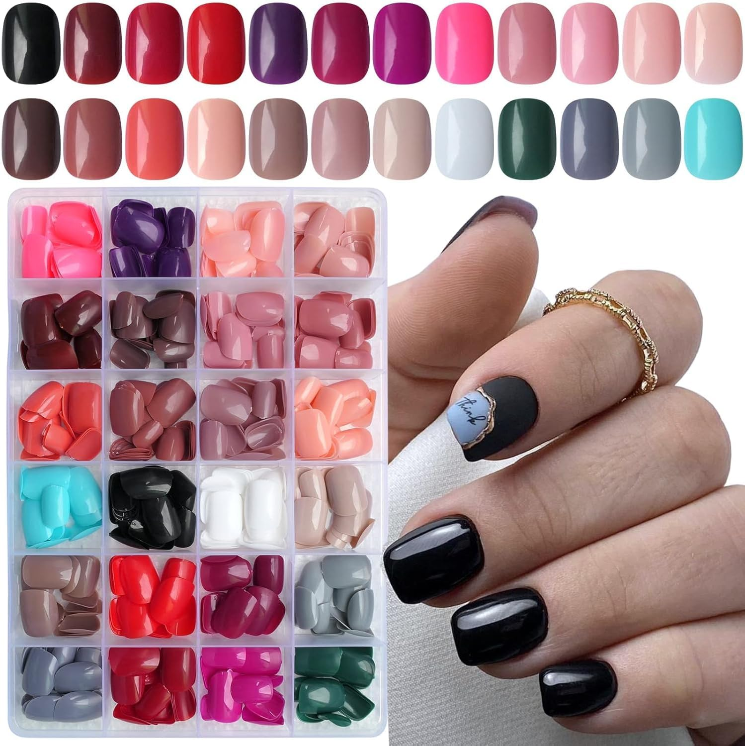 576Pc Short Press on Nails 24 Colours Glossy Squoval Fake Nails, Full Cover Acrylic Artificial Fingernails for Kids Girls Women &ndash; Quick At-Home Manicure Nail Tips Gel Artificial Fingernail - 120, Black Almond Nails image number 4