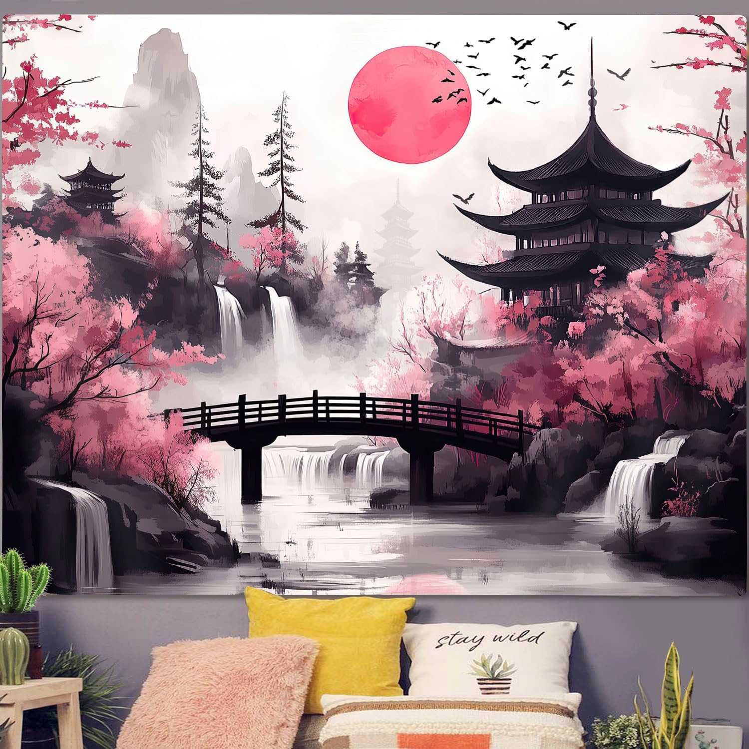 Japanese Anime Tapestry, Cool Japan Cherry Blossom Floral Mountain Waterfall Sun Asian Oriental Abstract Ink Art Tapestry, Black Pink Nature Landscape Tapestries for Living Room College Dorm, 80X60IN image number 3