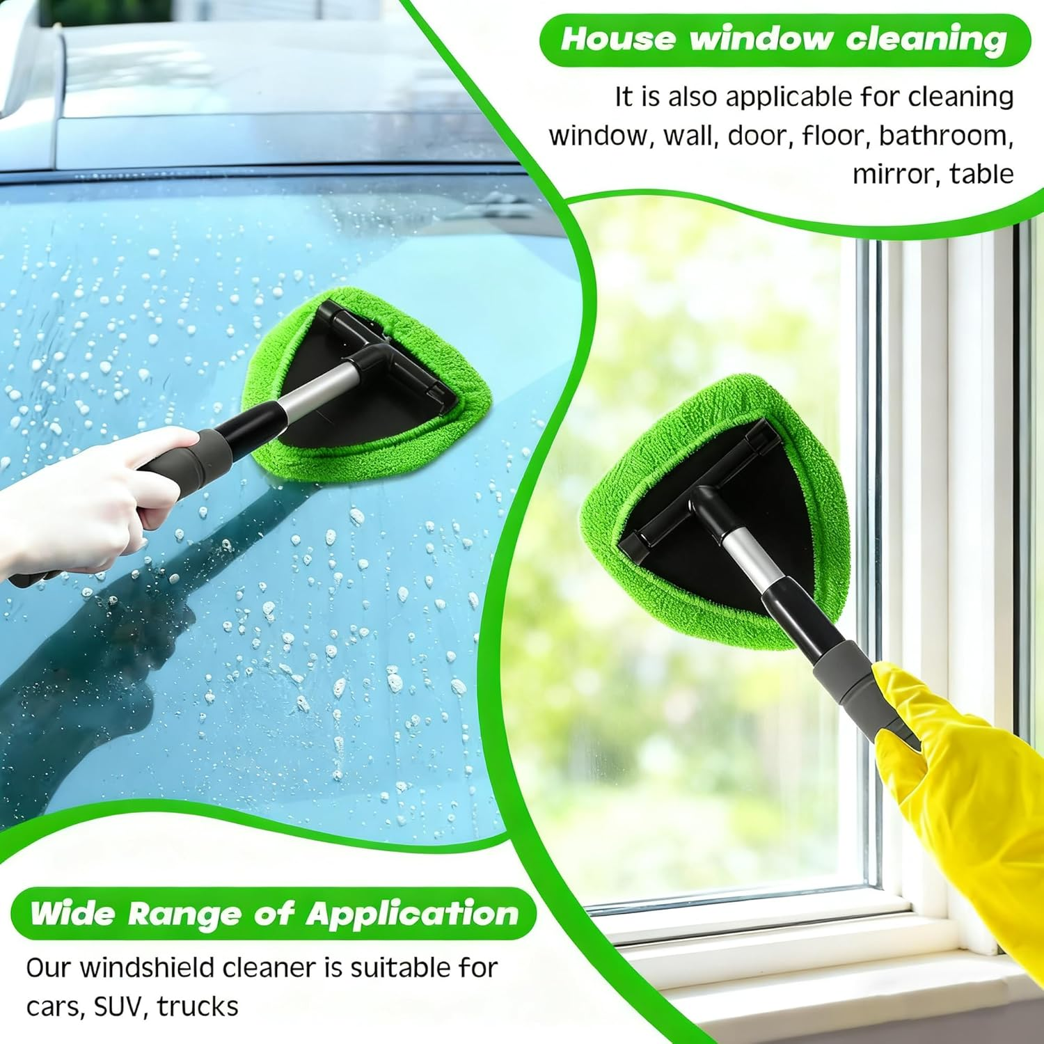 Tourgoing Windshield Cleaning Tool, Extendable Windshield Cleaner with 6 Washable Pads & 1 Spray Bottle, Interior & Exterior Windshield Wiper Tool for Car, SUV, Truck, RV (Green) - Green image number 5