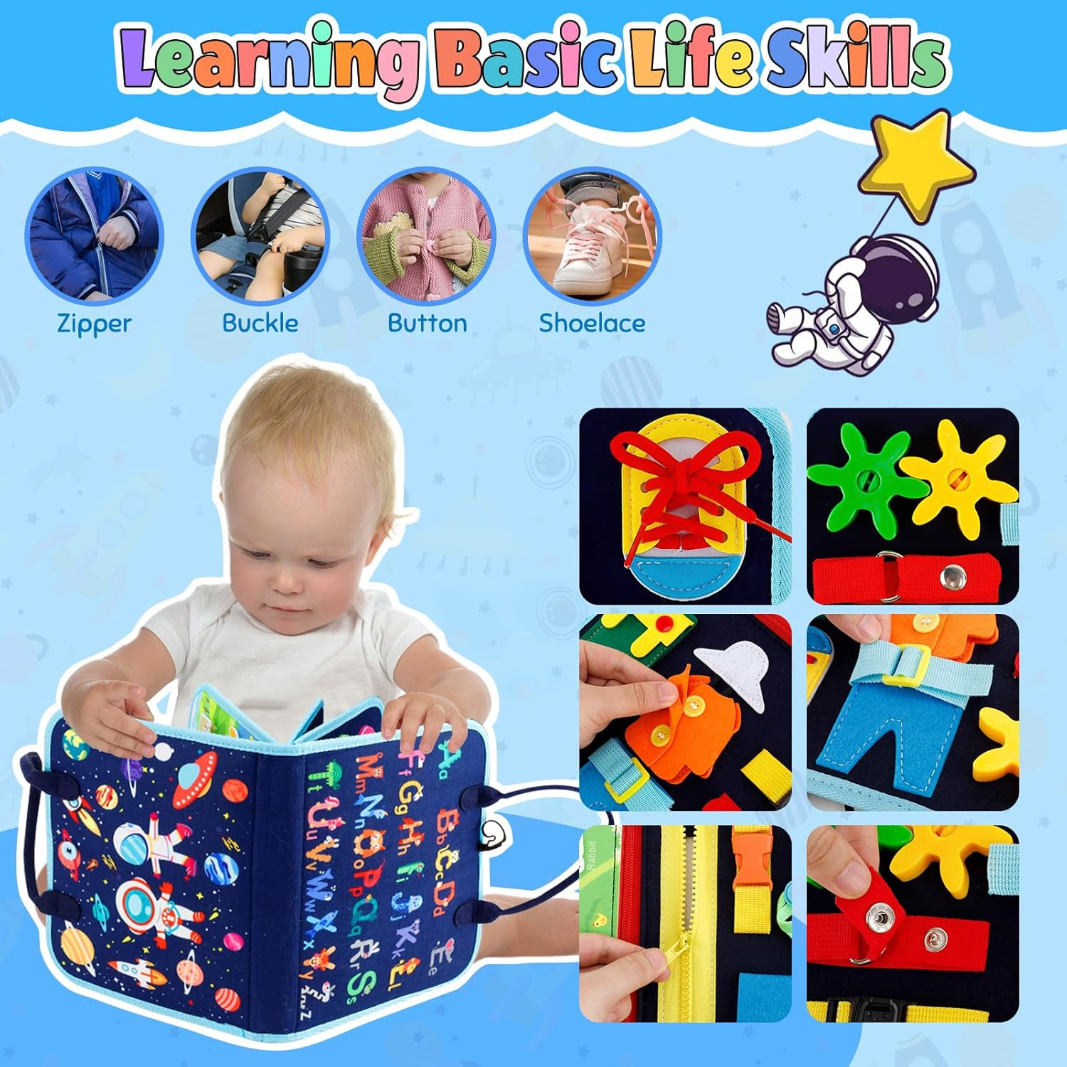 Busy Book Quiet Book Educational Activities Busy Board for Preschool Montessori Toys for Toddlers Felt Sensory Toys Toddler Travel for Plane Kids Travel Activity Pack Christmas Toy for Boys (Blue) image number 4