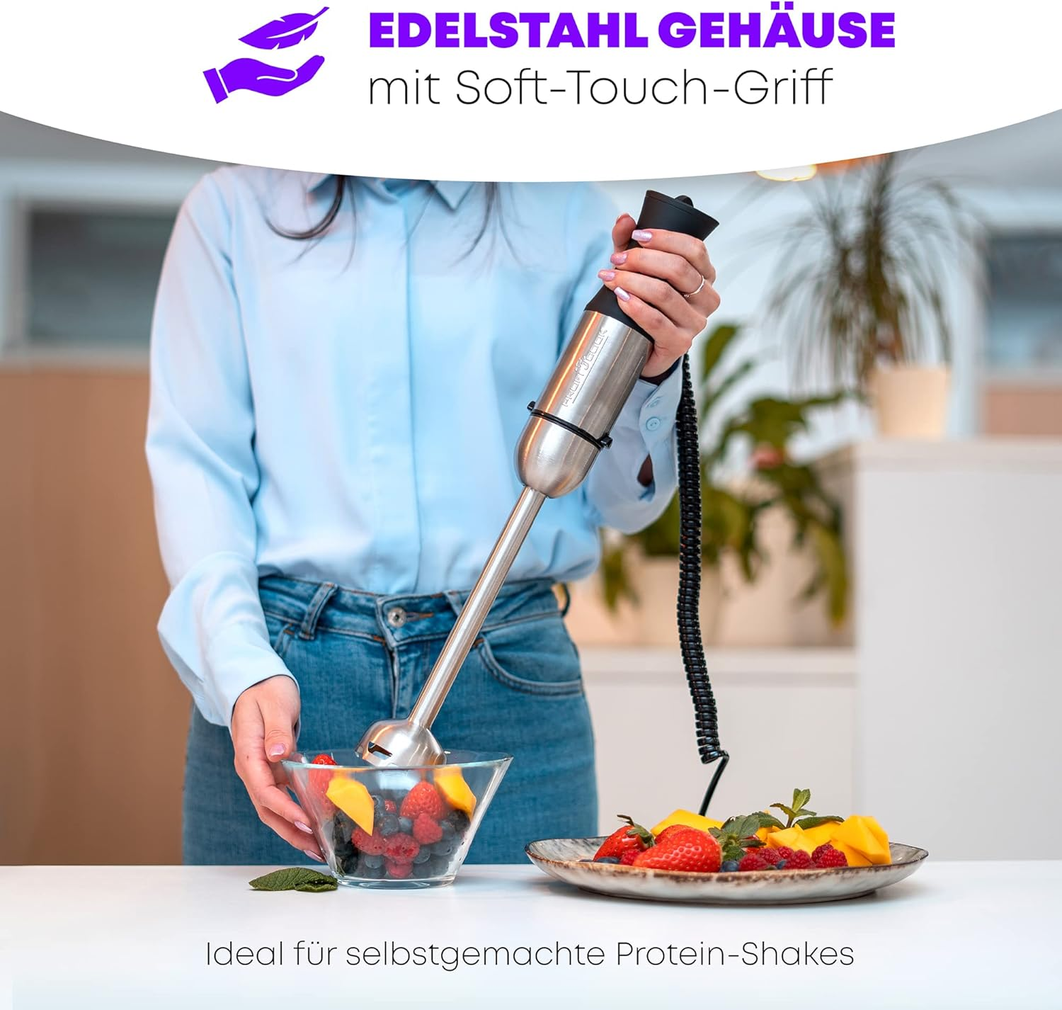 Proficook&reg; Hand Blender | Stainless Steel | 1000 Watt | Extra Long 27 Cm Rod | Speed Control | Ergonomic Soft Touch Handle | 4-Way Stainless Steel Knife | Removable Mixing Rod | PC-SM 1094