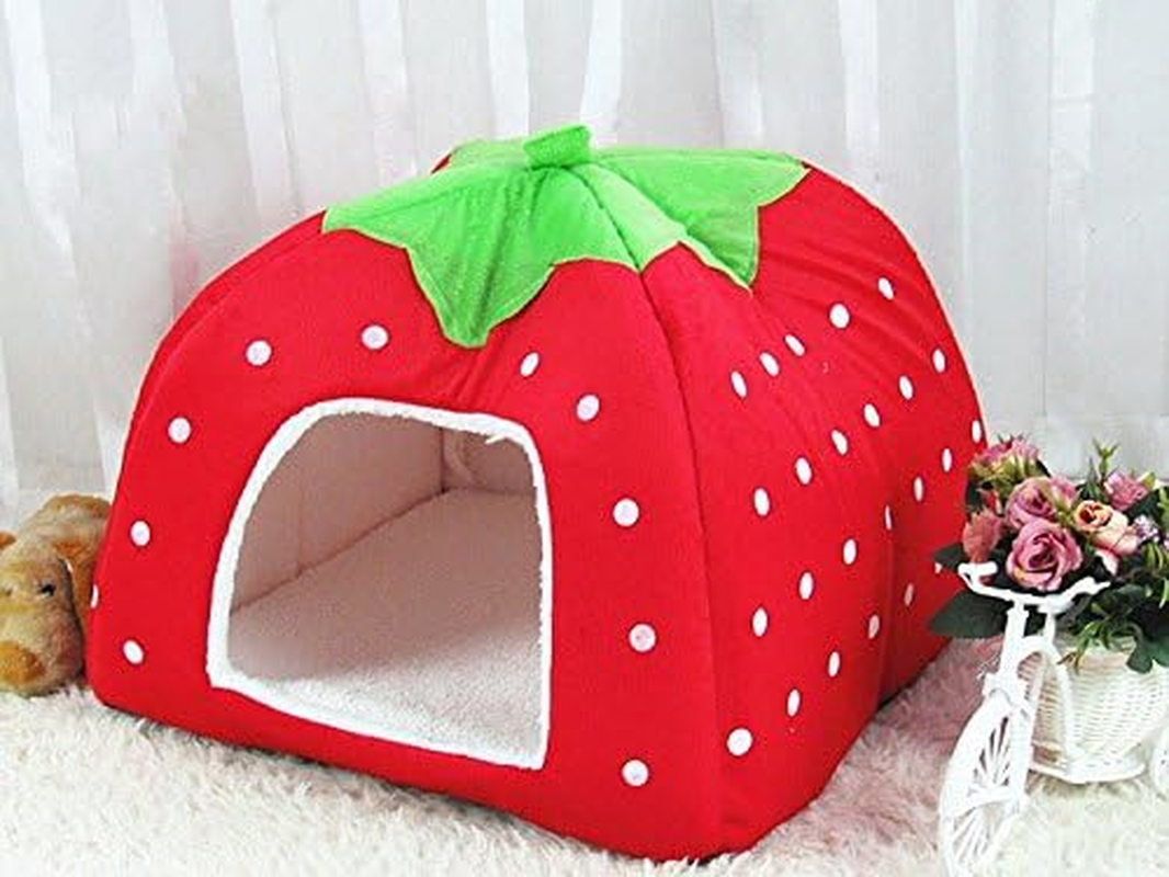 Wowowmeow Foldable Pet Strawberry Warm Fleece House Bed Cage Cave for Dogs, Cats, Rabbits and Small Animals (S, Red) image number 1