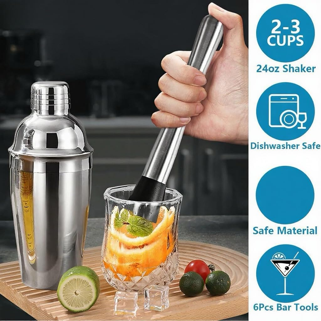 G-Sunny 6-Piece Cocktail Shaker Set 750ML Shaker Strainer Muddler Jigger Mixing Spoon Pour Spout Bartender Kit Stainless Steel Bar Set Housewarming