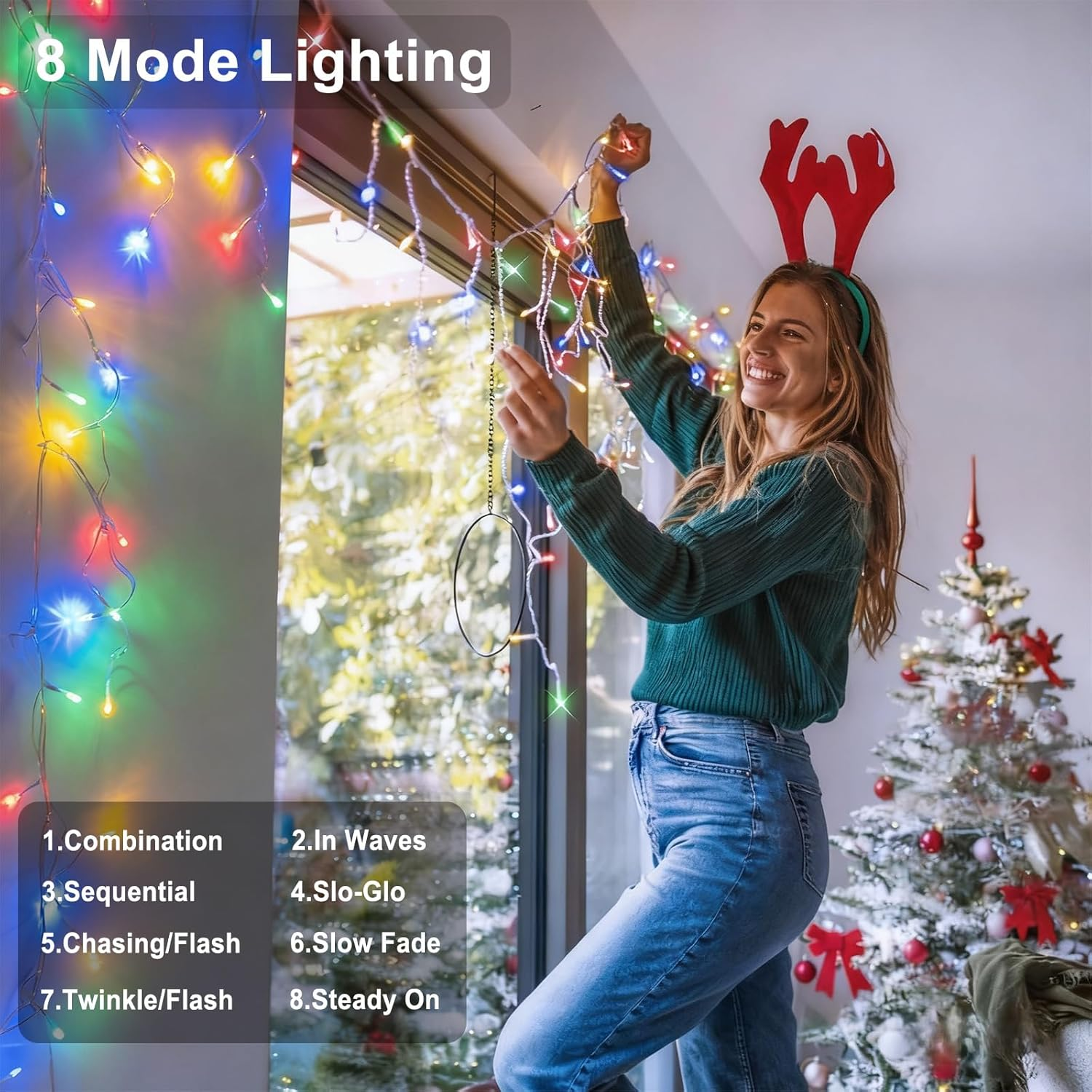 Solar Christmas Icicle Lights Outdoor Decorations, 8 Modes Waterproof Icicle Fairy Lights for outside Holiday, Patio, Balcony, Christmas, Window, House Eaves Decorations, (10M Multicolor) image number 2